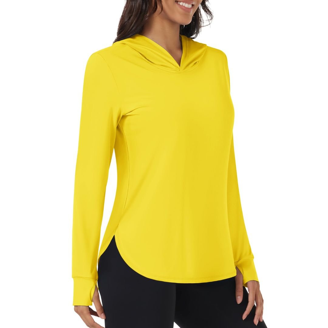 Women's UPF 80+ sun protection hoodie for hiking, breathable moisture-wicking UV shirt in lightweight fit