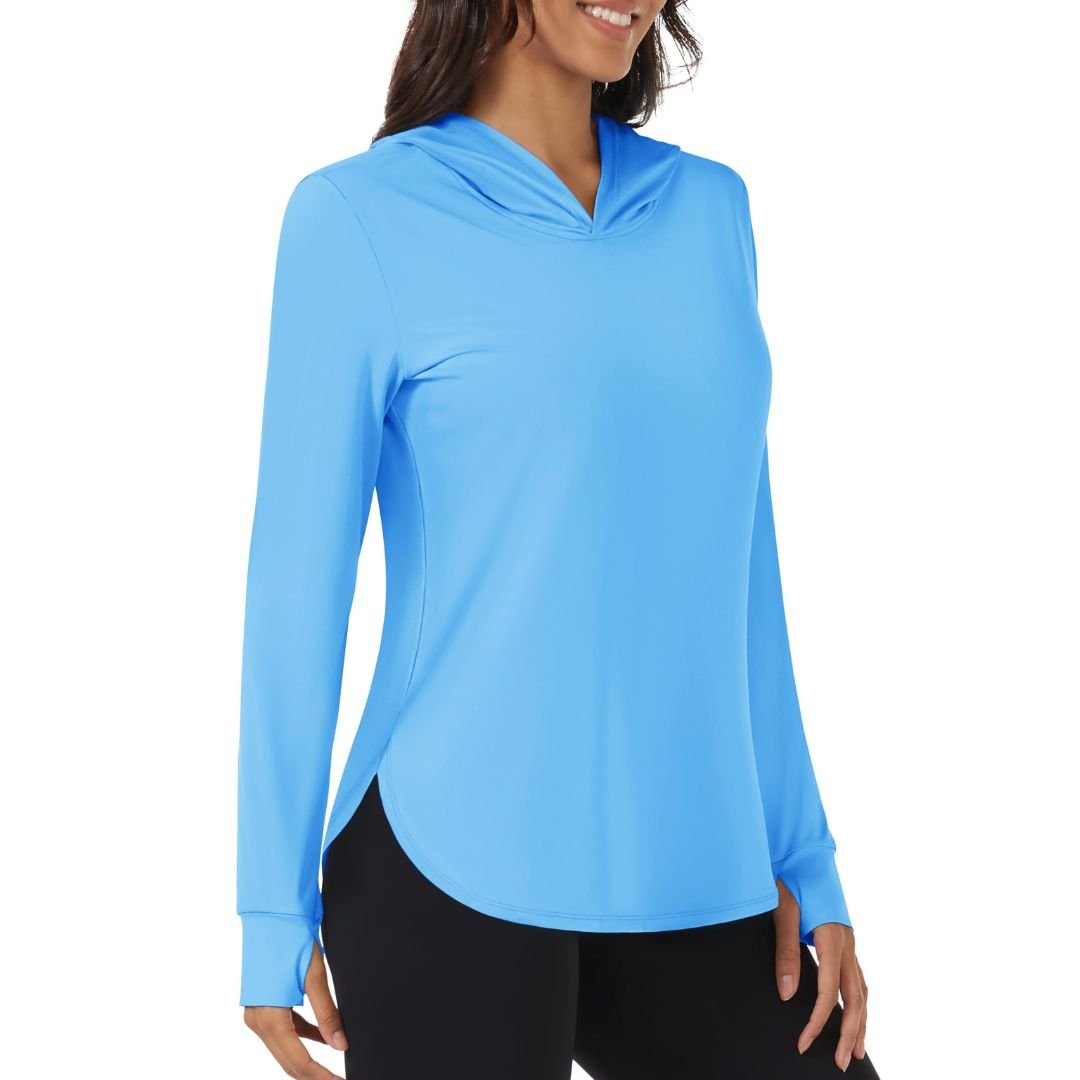 Women's UPF 80+ sun protection hoodie for hiking, breathable moisture-wicking UV shirt in neutral tone