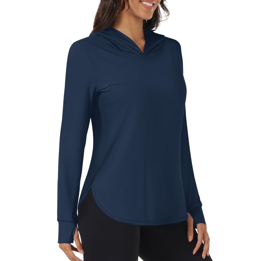 Women's UPF 80+ sun protection hoodie for hiking, breathable moisture-wicking UV shirt in neutral tone