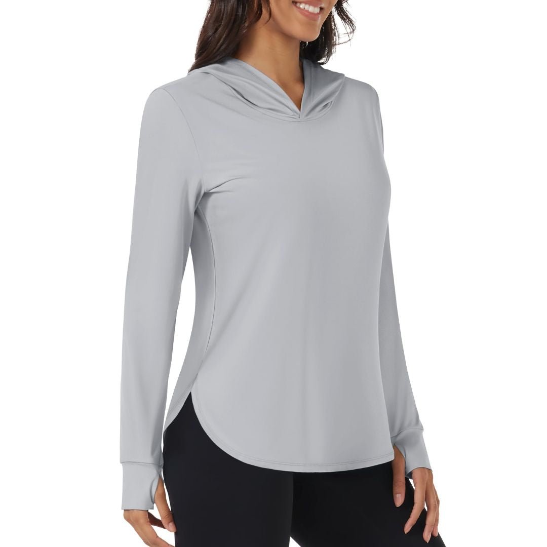Women's UPF 80+ sun protection hoodie for hiking, breathable moisture-wicking UV shirt in Nuit Nuit style