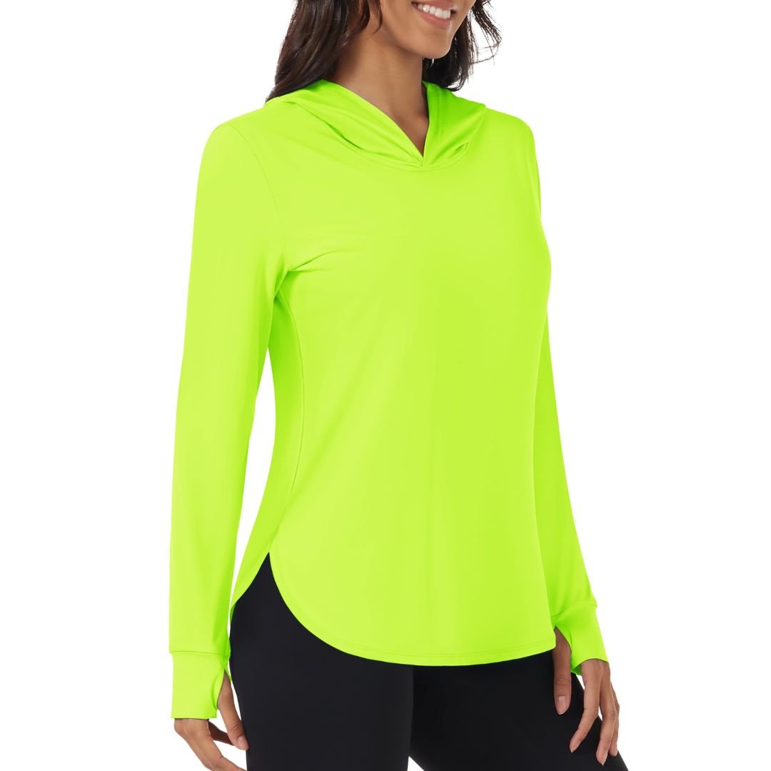 Women's UPF 80+ sun protection hoodie in neutral tone, slim fit with breathable moisture-wicking fabric for hiking