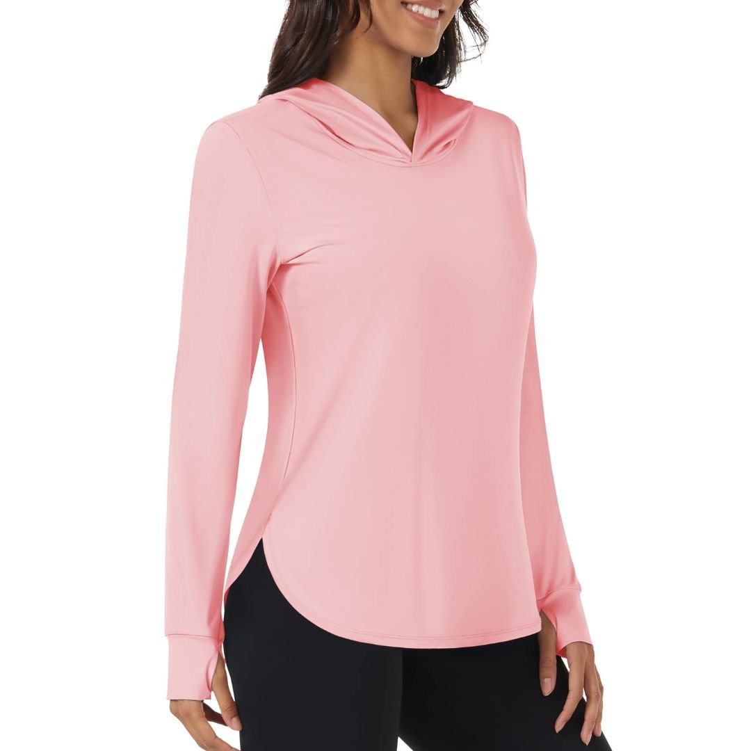Women's UPF 80+ sun protection hoodie for hiking, breathable moisture-wicking UV shirt in neutral tone