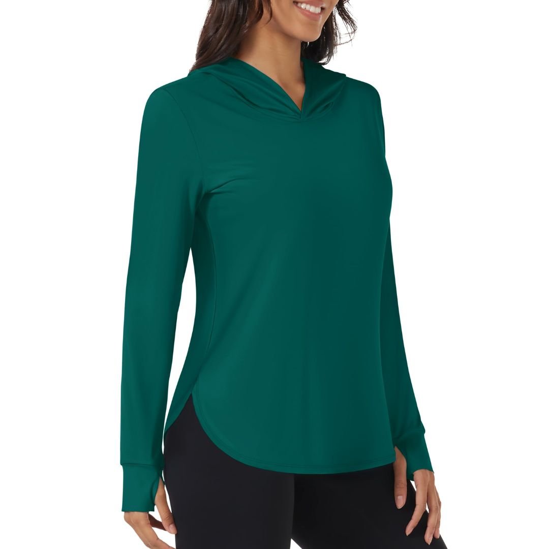 Women's UPF 80+ sun protection hoodie for hiking, breathable moisture-wicking UV shirt in neutral tone
