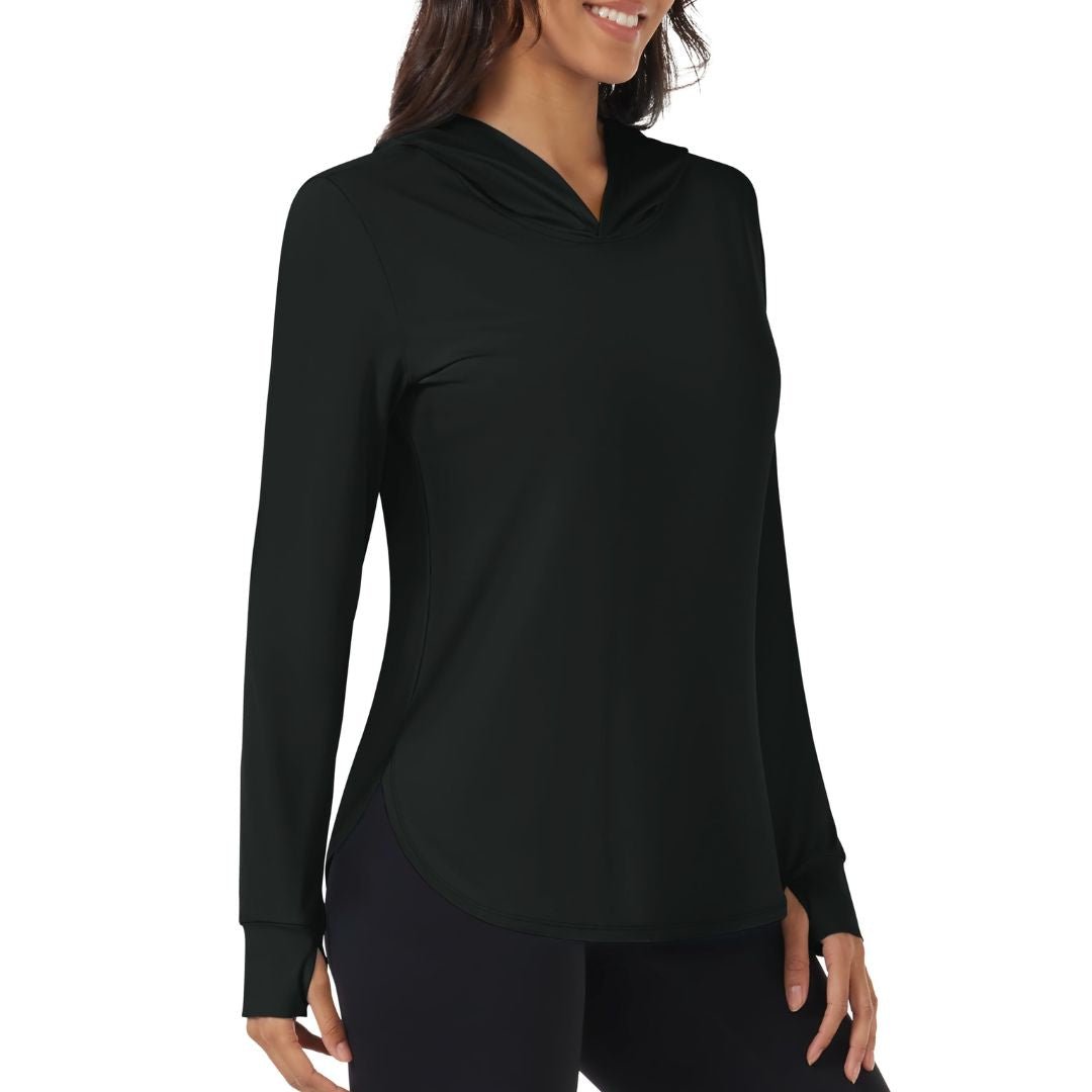 Women's UPF 80+ sun protection hoodie for hiking, breathable moisture-wicking UV shirt in neutral tone