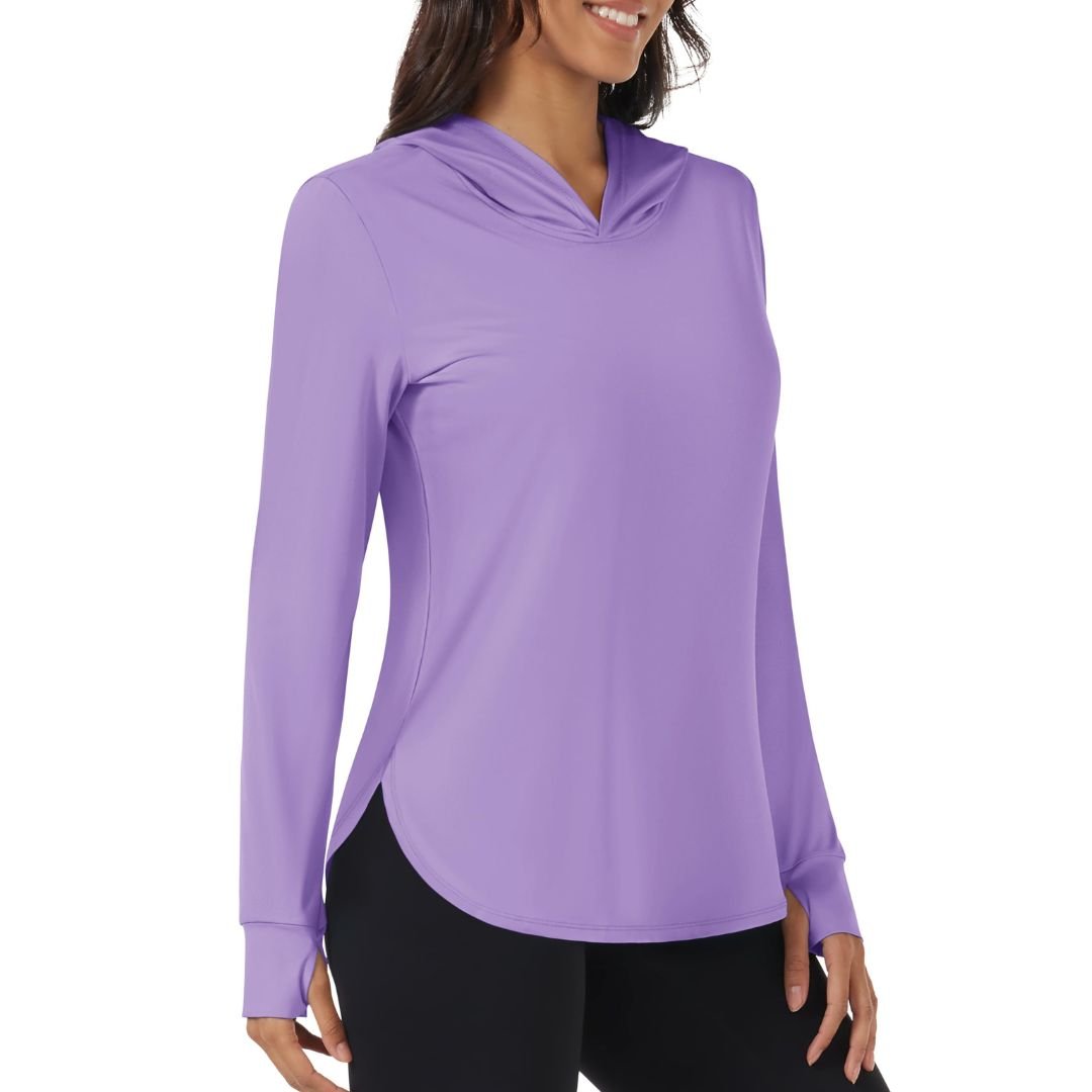 Women's UPF 80+ sun protection hoodie for hiking, breathable moisture-wicking UV shirt in neutral tone