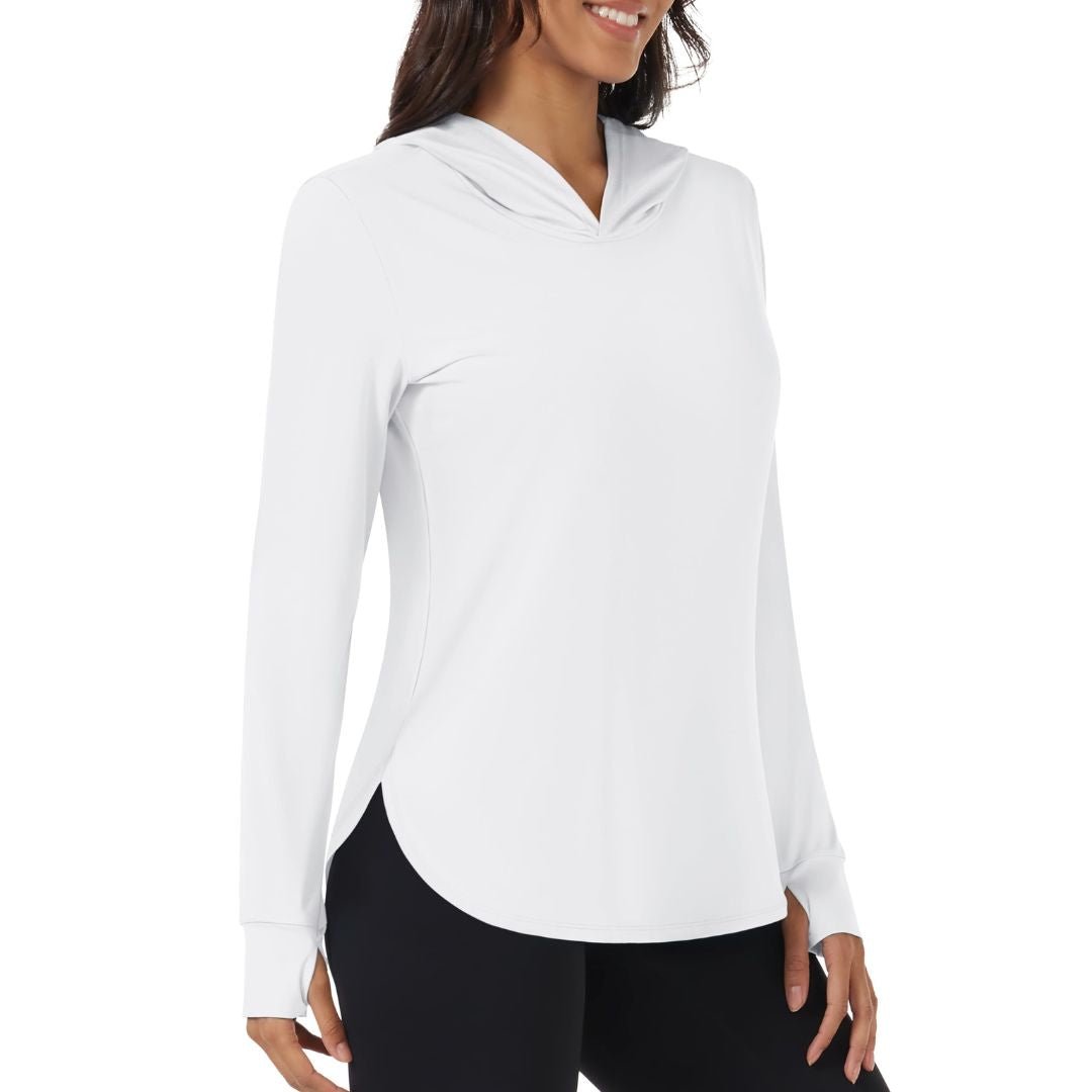 Women's UPF 80+ sun protection hoodie for hiking, breathable moisture-wicking UV shirt in neutral tone