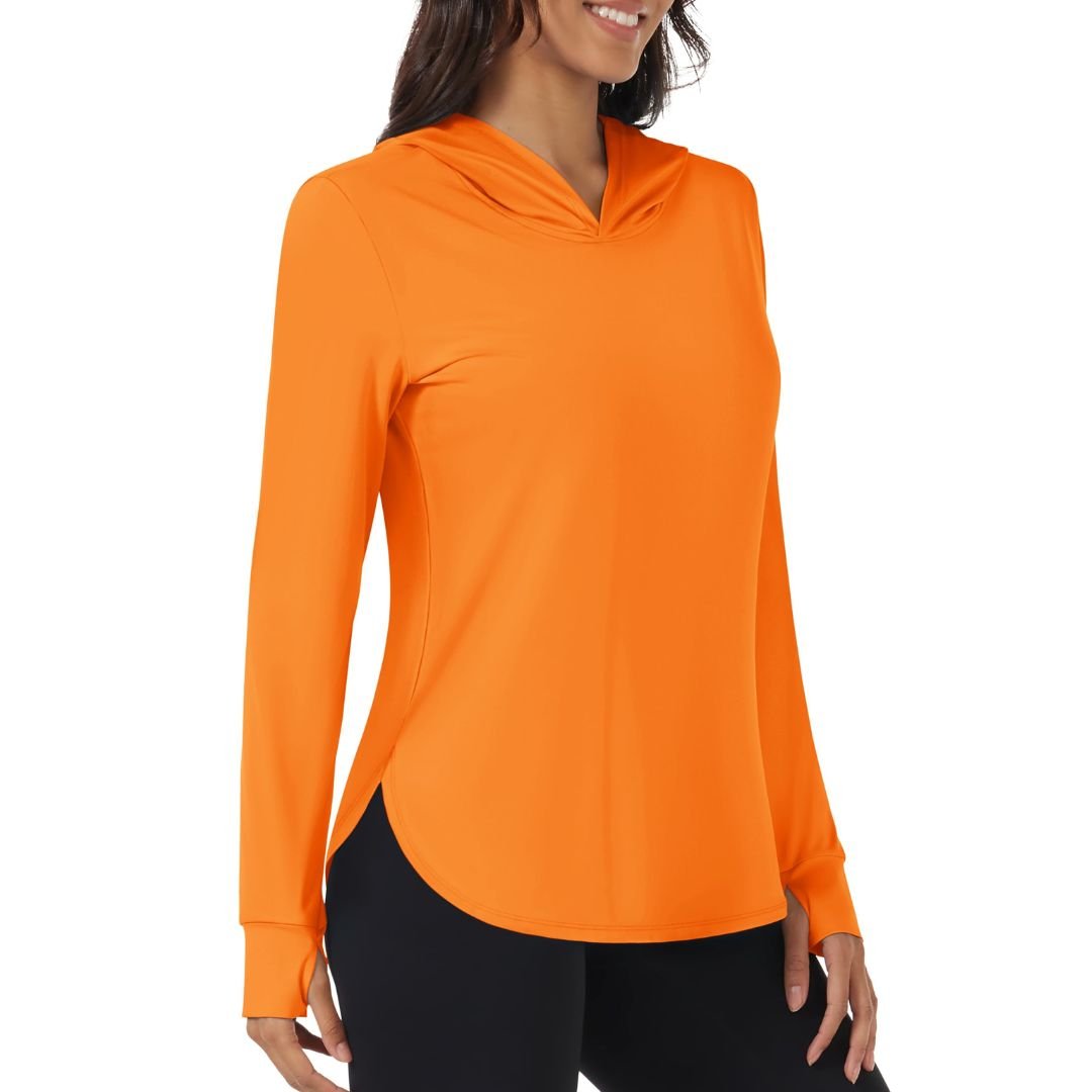 Women's UPF 80+ sun protection hoodie for hiking, breathable moisture-wicking UV shirt in neutral tone
