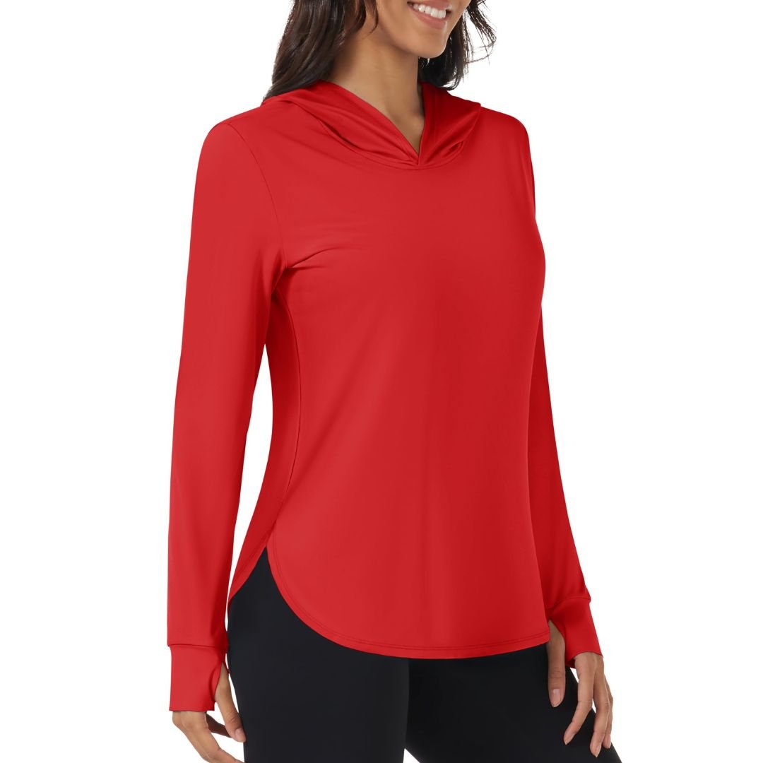 Women's UPF 80+ sun protection hoodie for hiking, breathable moisture-wicking UV shirt in neutral tone