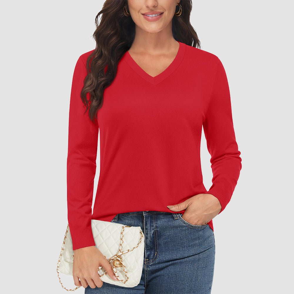 Women's casual knit V-neck sweater with thumb holes and hidden zip pockets, cozy brushed fabric