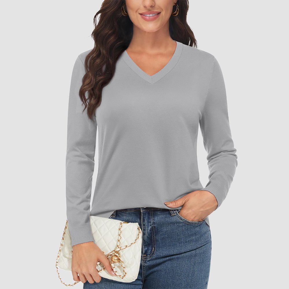 Women's v-neck knit sweater long sleeve casual fit with hidden zip pockets and thumb holes