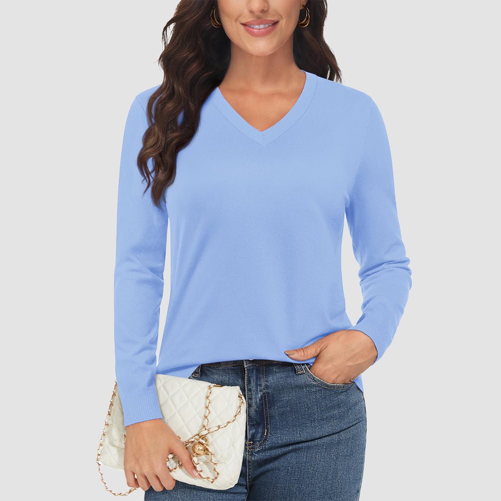 Women's casual knit V-neck sweater with thumb holes and hidden zip pockets, stretchy warm fit