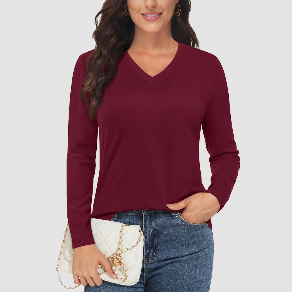 Women's v-neck knit sweater with thumb holes, hidden zip pockets, long sleeve casual athletic fit