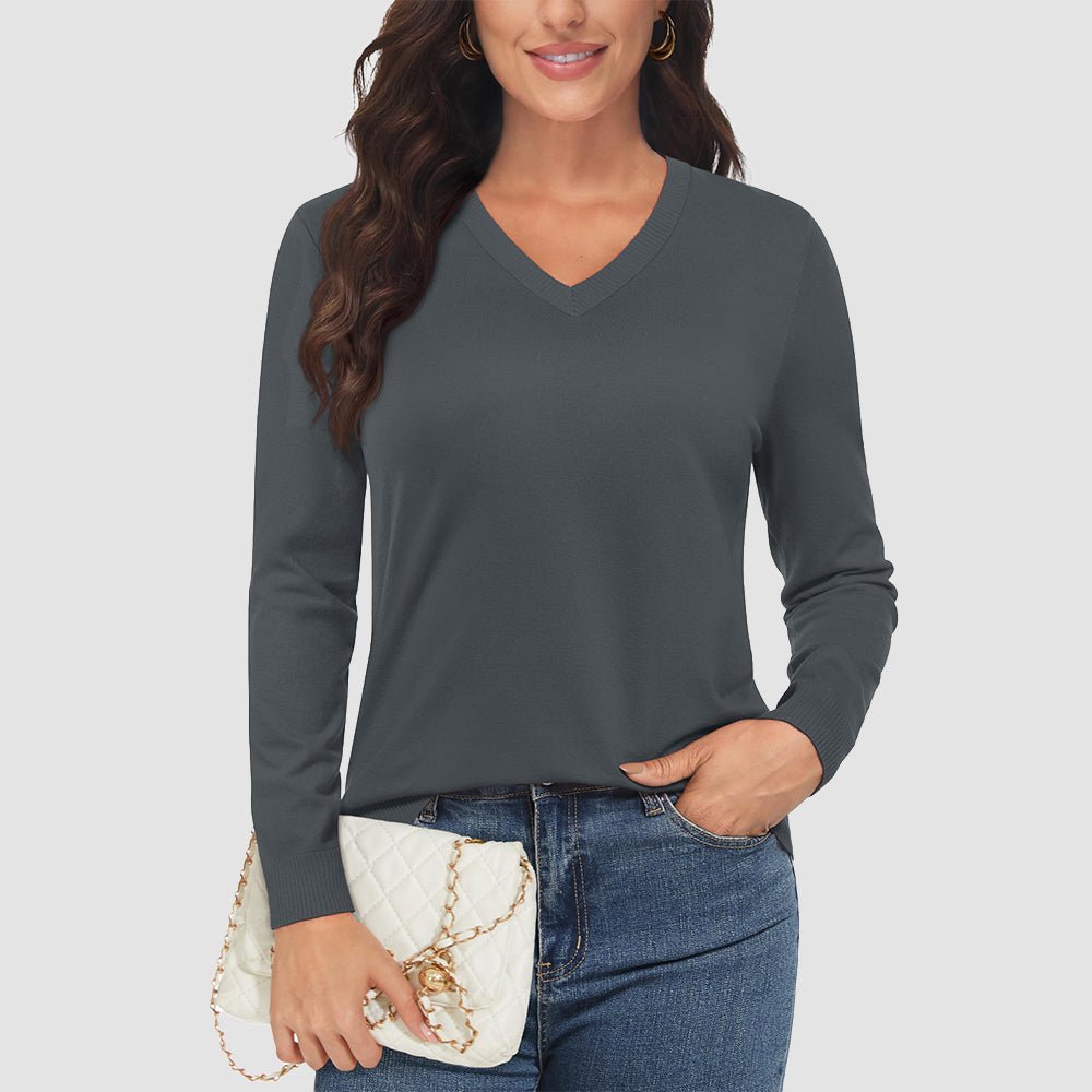 Women's v-neck knit sweater long sleeve casual fit with hidden zip pockets and thumb holes