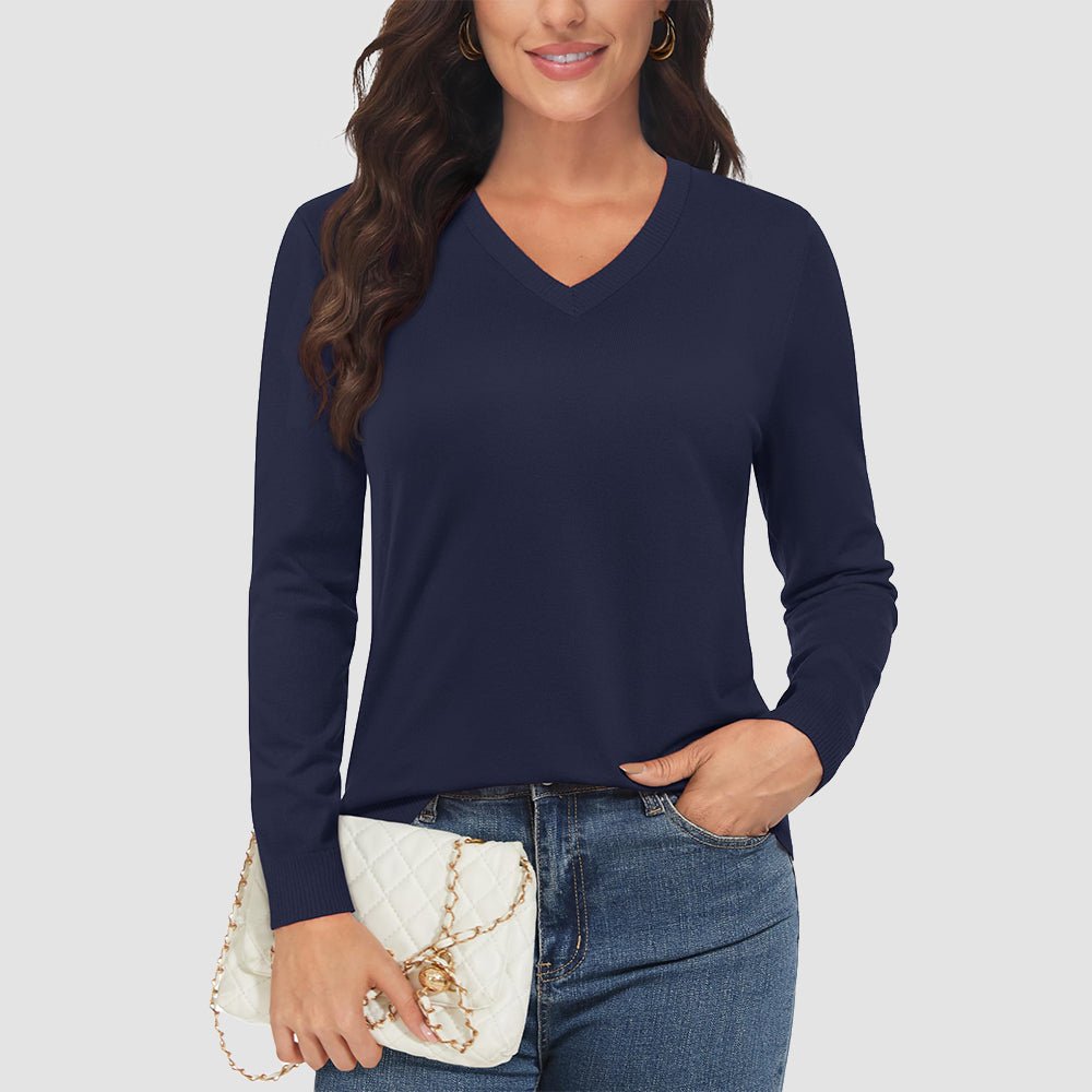 Women's casual V-neck knit sweater with long sleeves, thumb holes, and hidden zip pockets