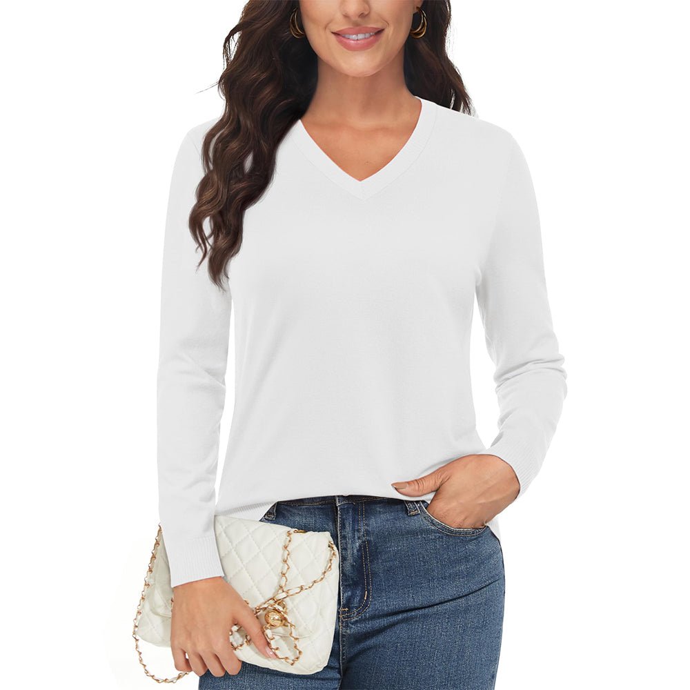 Women's casual V-neck knit sweater with long sleeves, thumb holes, and hidden zip pockets