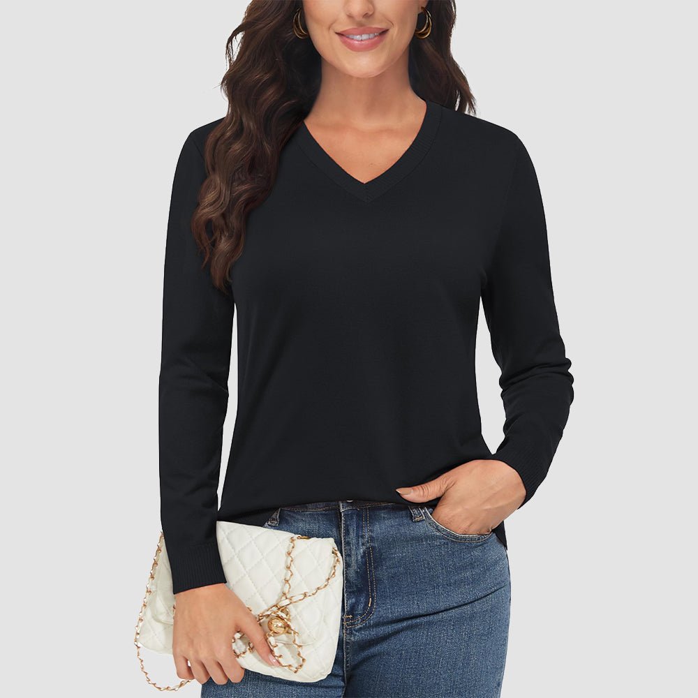Women's v-neck knit sweater cozy casual long sleeve with hidden zip pockets and thumb holes
