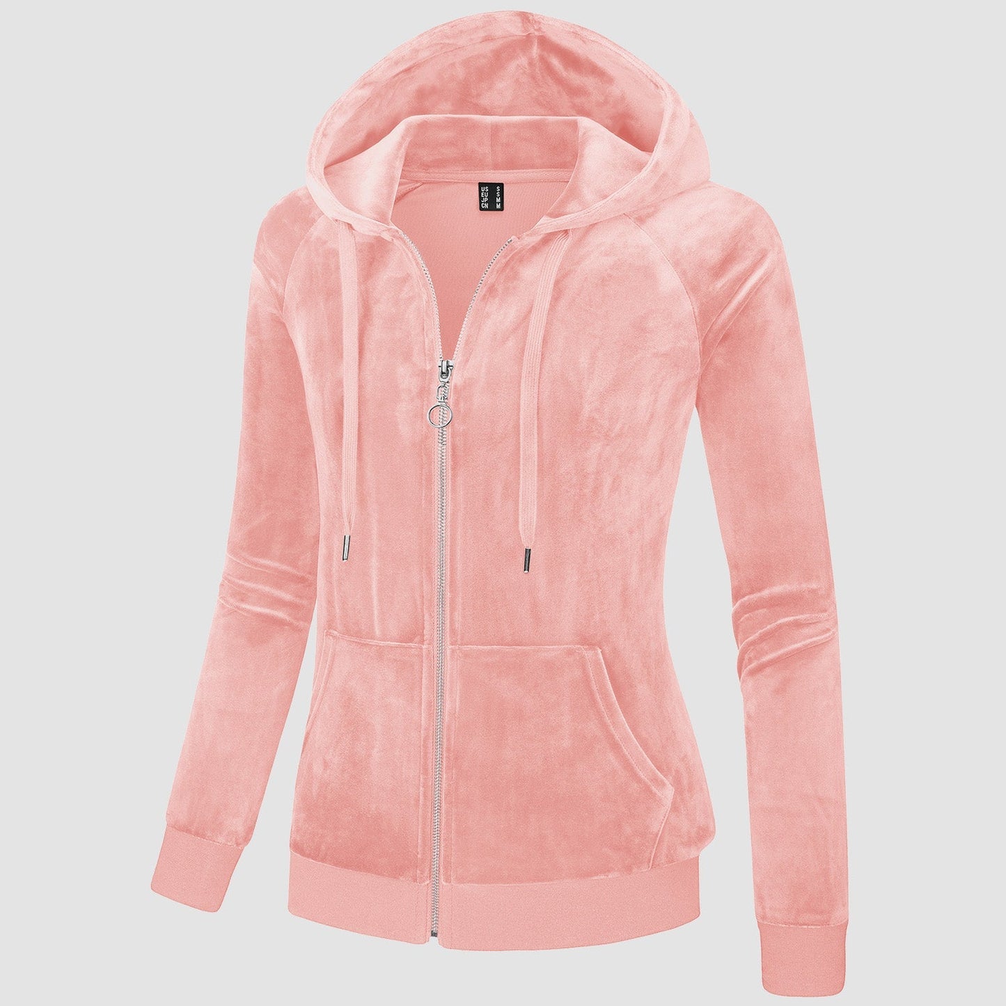 Women's slim-fit velour fleece hoodie jacket with full zip, drawstring hood, and elastic cuffs
