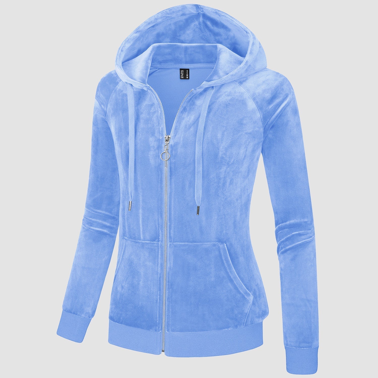Women's slim-fit velour fleece hoodie jacket with full zip, drawstring hood, and elastic cuffs