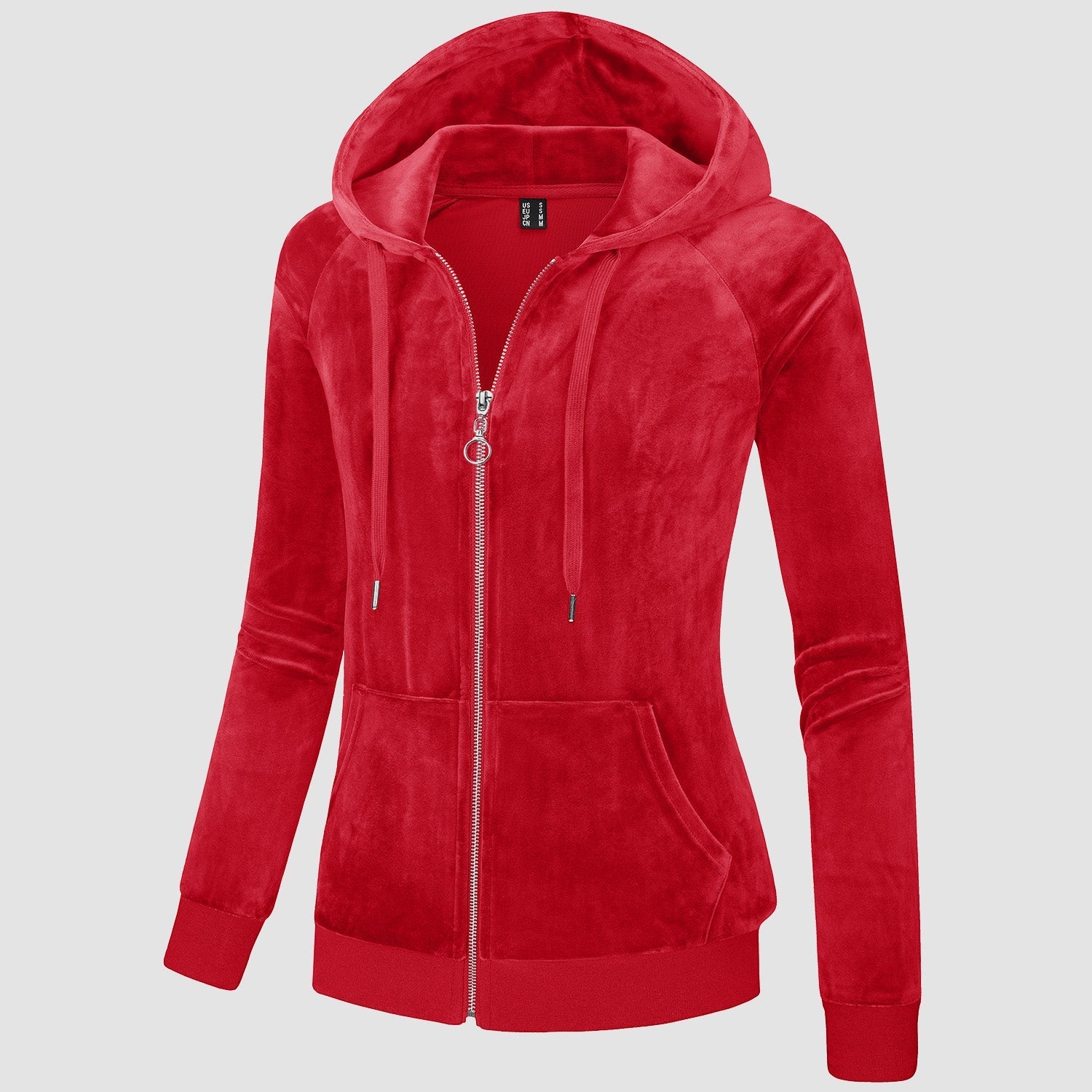 Women's slim-fit velour fleece hoodie jacket with full zip, drawstring hood, and elastic cuffs