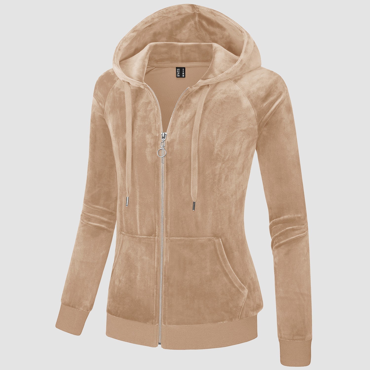 Women's slim-fit velour fleece hoodie jacket with full zip, drawstring hood, and elastic cuffs
