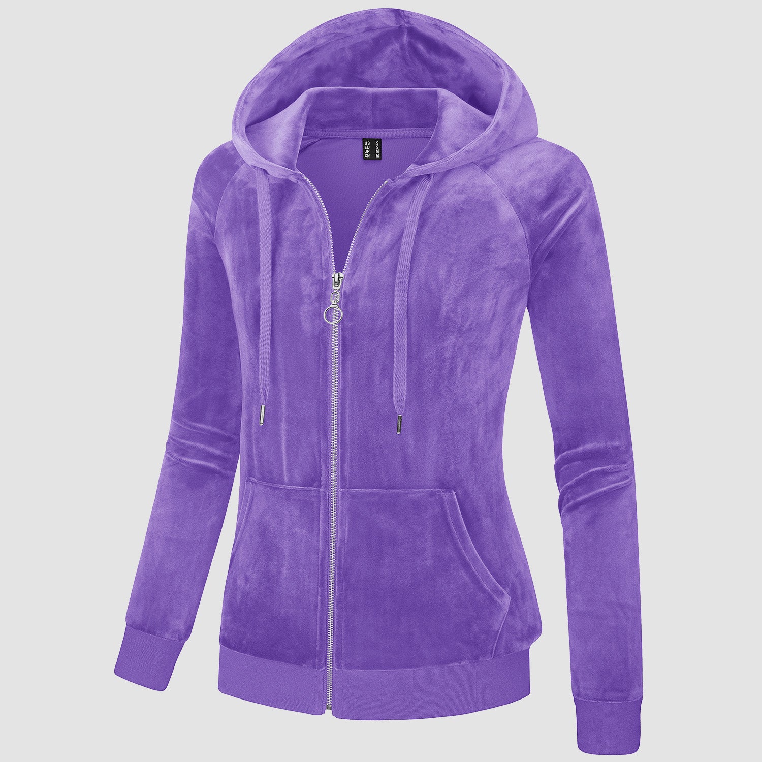 Women's slim-fit velour fleece hoodie jacket with full zip, drawstring hood, and elastic cuffs