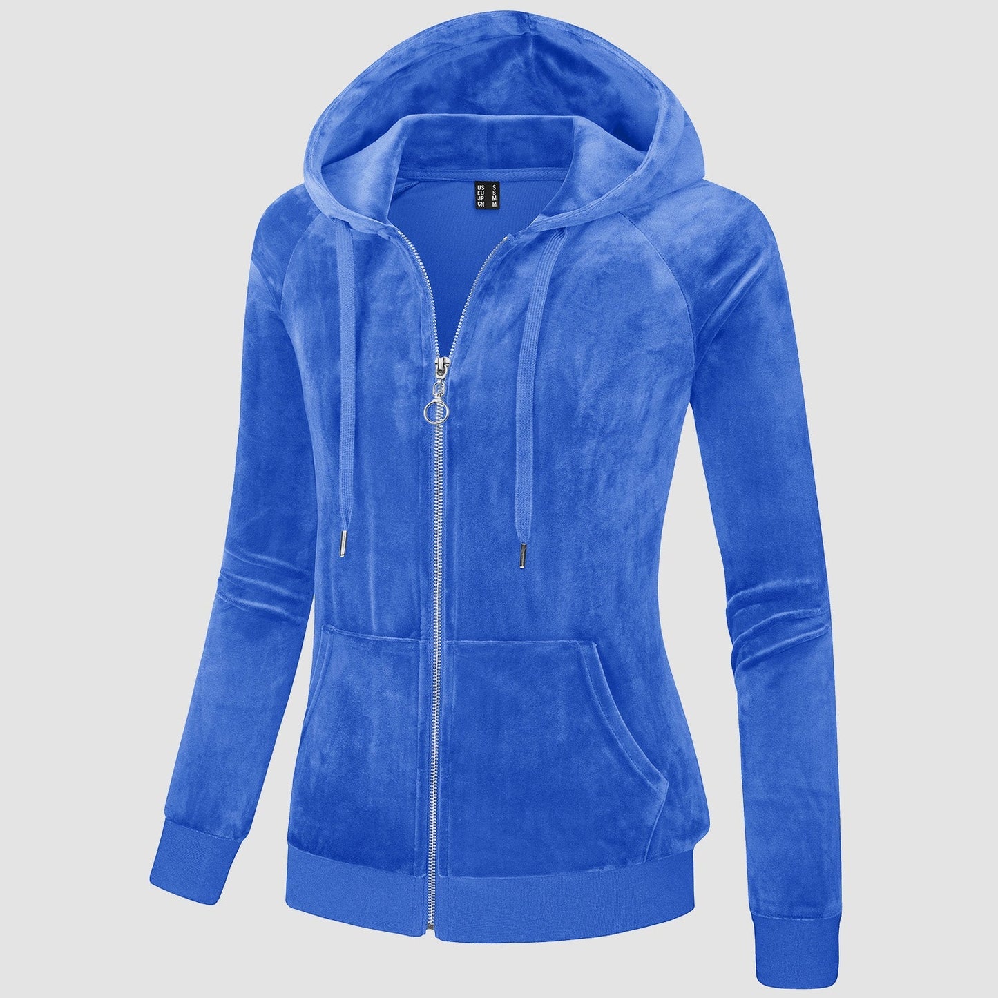 Women's slim-fit velour fleece zip-up hoodie jacket with drawstring hood and elastic cuffs