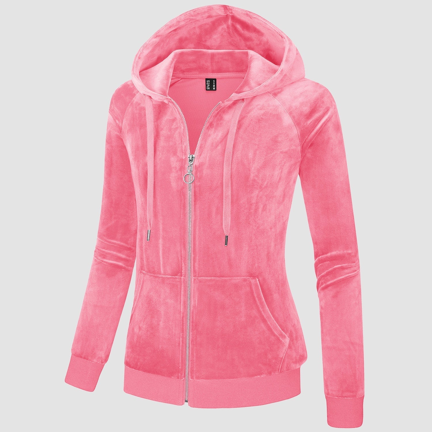 Women's slim-fit velour fleece zip-up hoodie jacket with drawstring hood and elastic cuffs