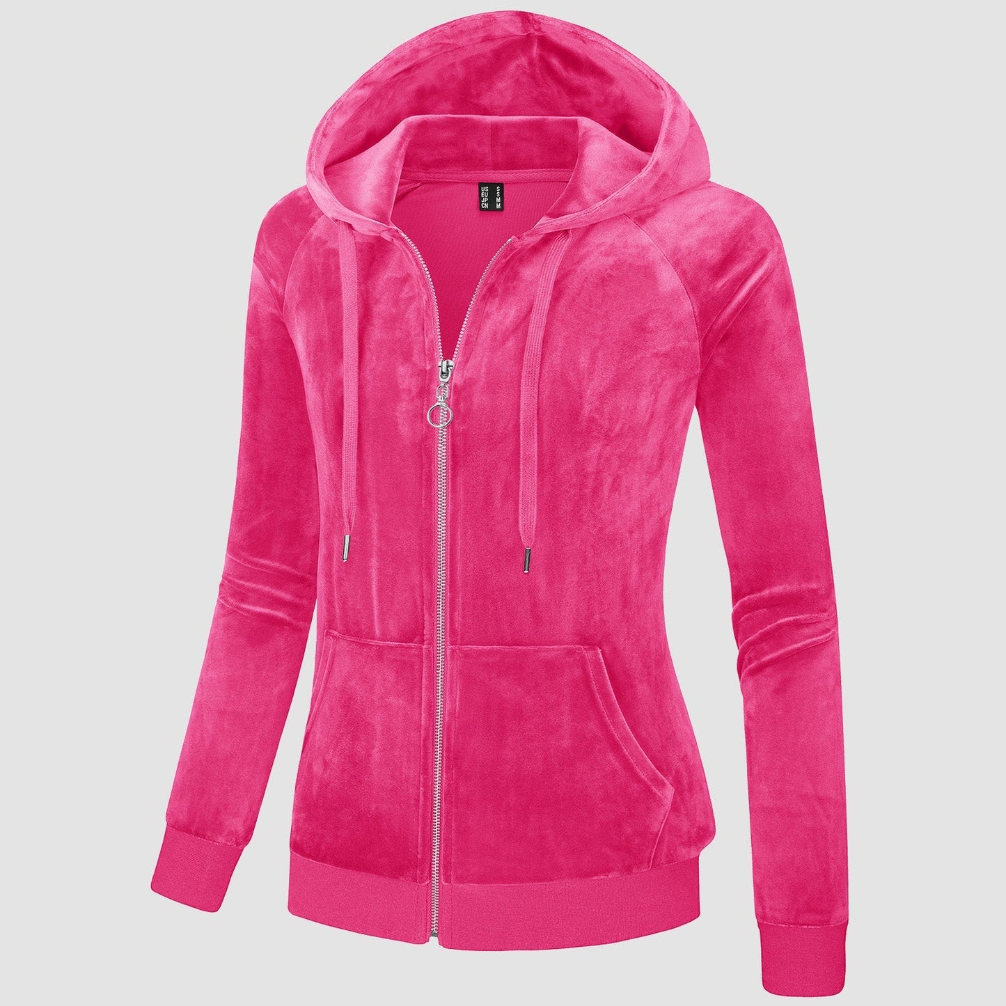 Women's slim-fit velour fleece hoodie jacket with full zip, drawstring hood, and elastic cuffs