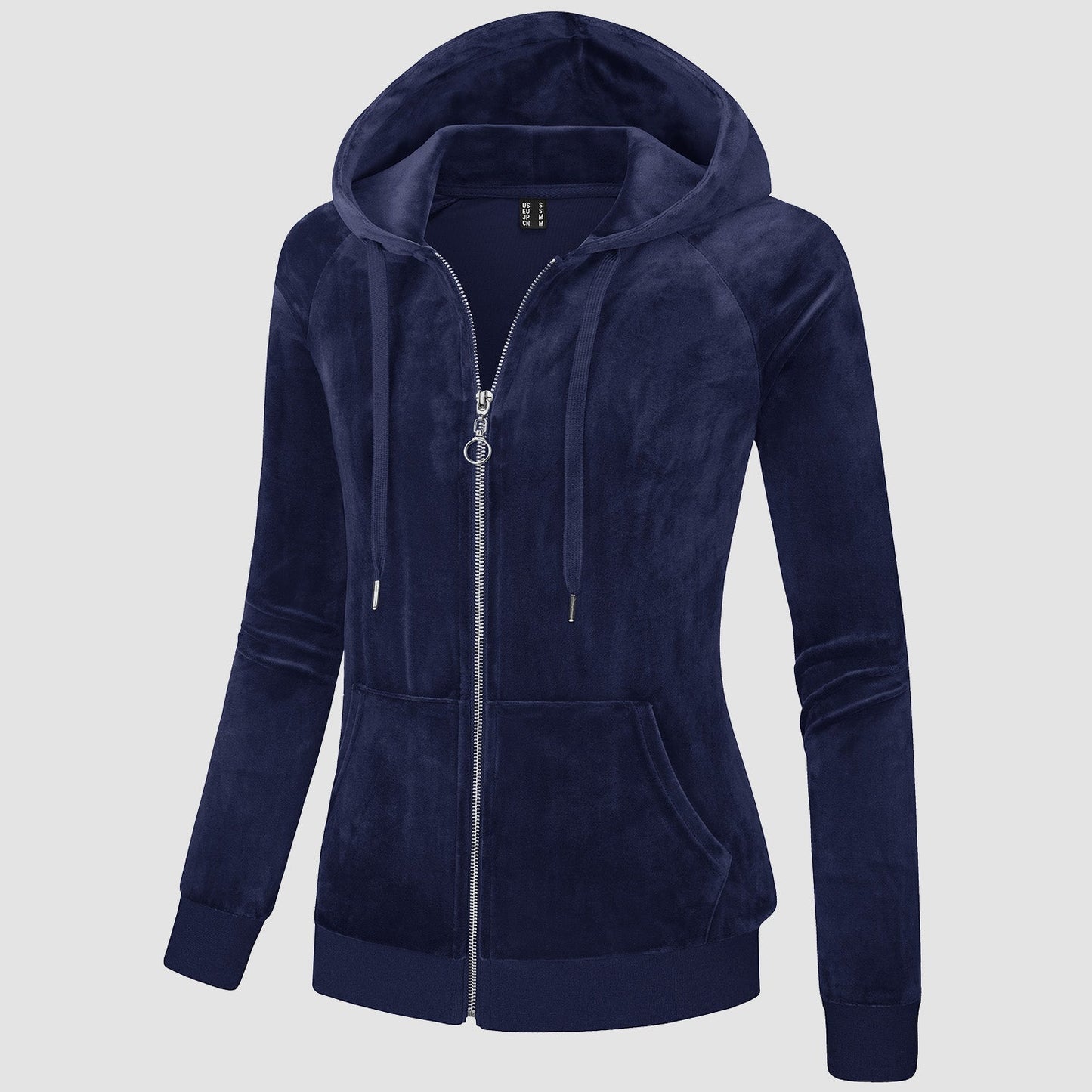 Women's slim-fit velour fleece hoodie jacket with full zip, drawstring hood, and elastic cuffs