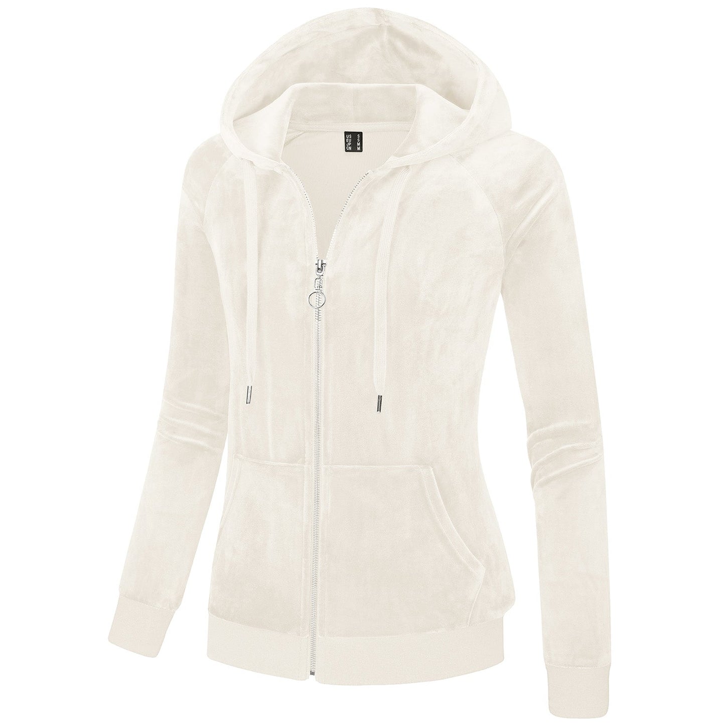 Women's slim-fit velour fleece hoodie jacket with full zip, drawstring hood, and elastic cuffs