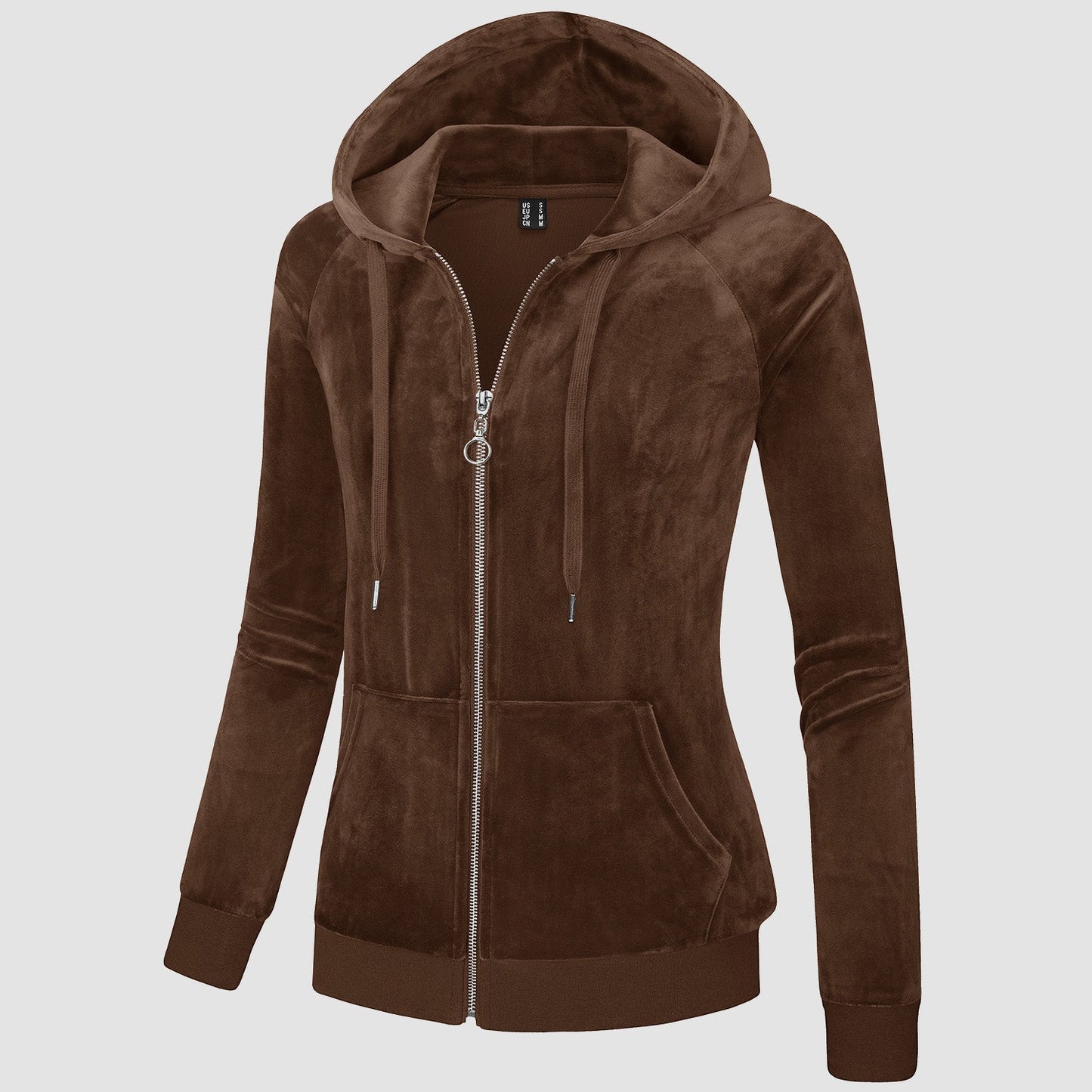 Women's slim-fit velour fleece hoodie jacket with full zip, drawstring hood, and elastic cuffs