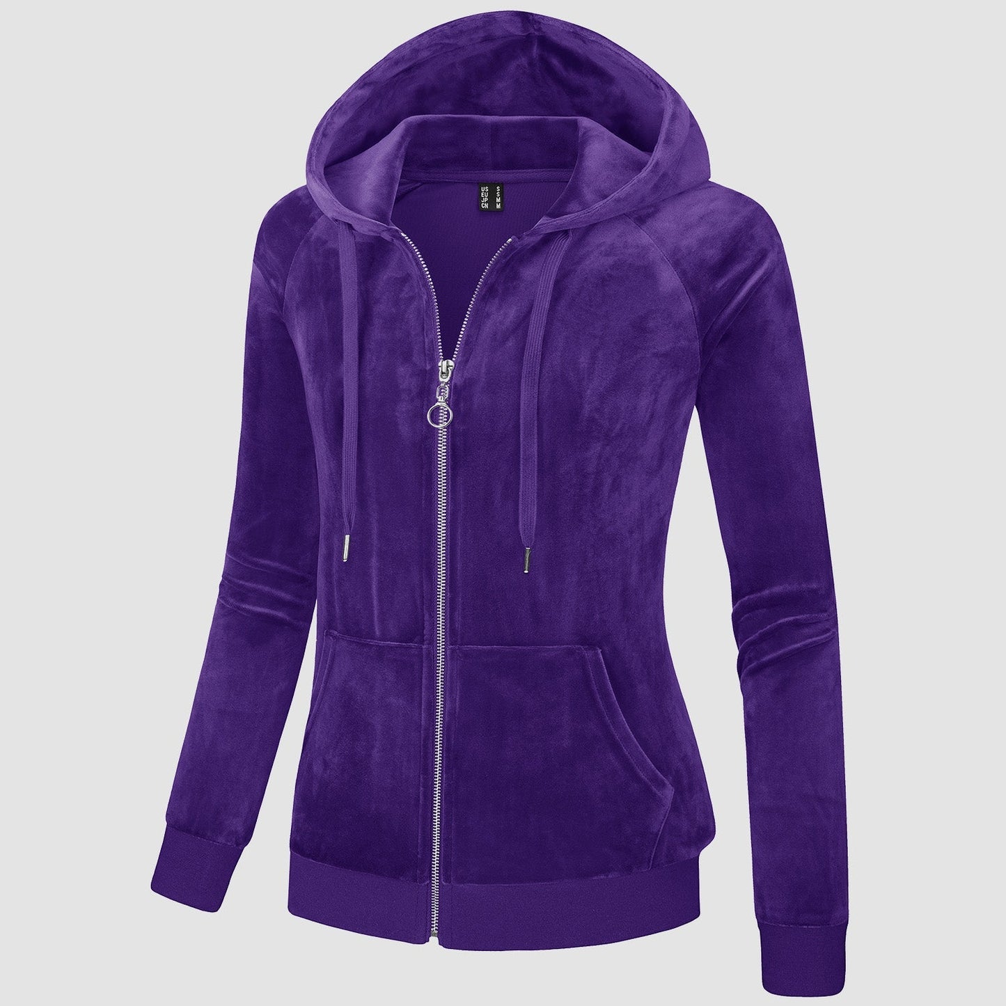Women's slim-fit velour fleece hoodie jacket with full zip, drawstring hood, and elastic cuffs