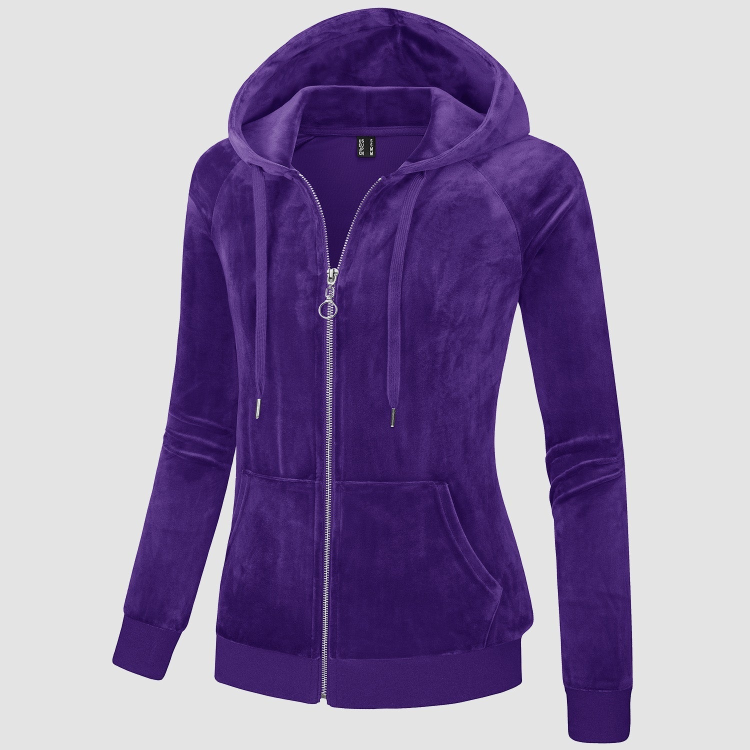 Women's slim-fit velour fleece hoodie jacket with full zip, drawstring hood, and elastic cuffs
