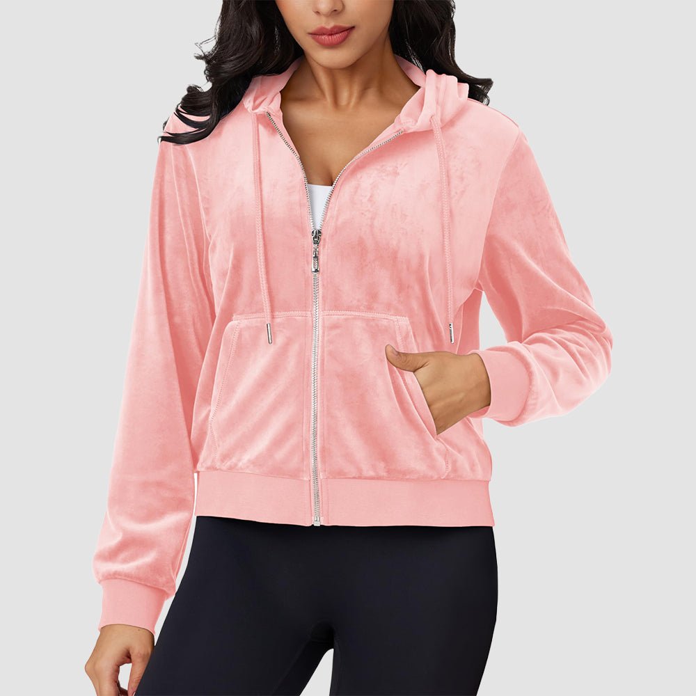 Women's burgundy velvet crop hoodie jacket with zip pockets, soft velour stretch fit