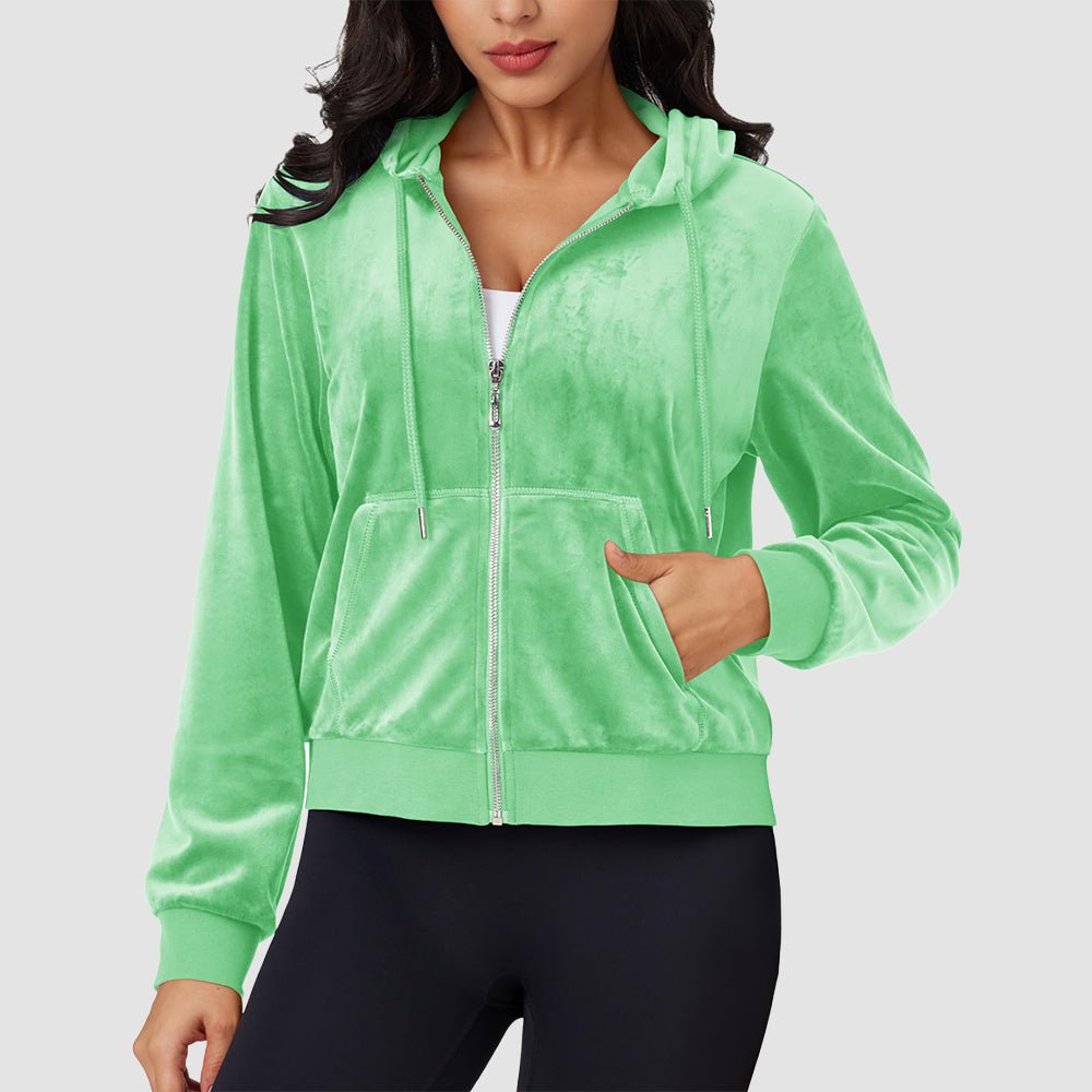 Women's burgundy velvet crop hoodie jacket with zip pockets, soft velour stretch fabric