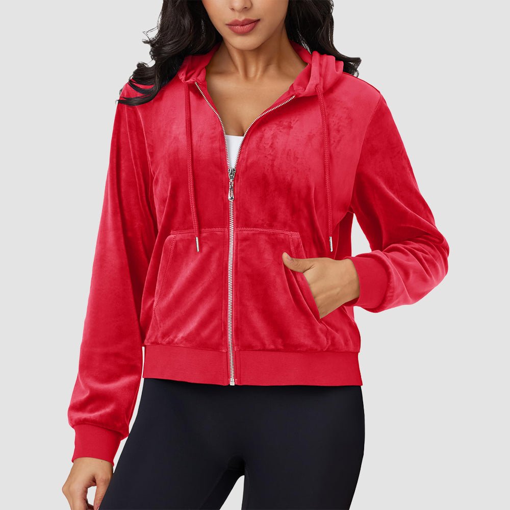 Women's burgundy velvet crop hoodie jacket with zip pockets, soft velour stretch fabric