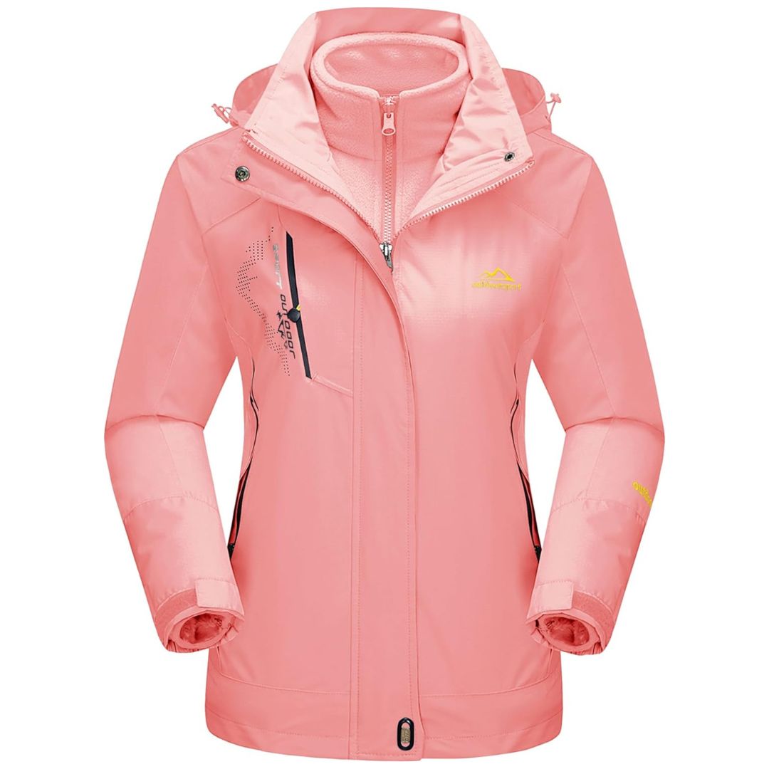 Women's 3-in-1 windproof winter jacket in neutral tones with detachable fleece liner and water-resistant shell