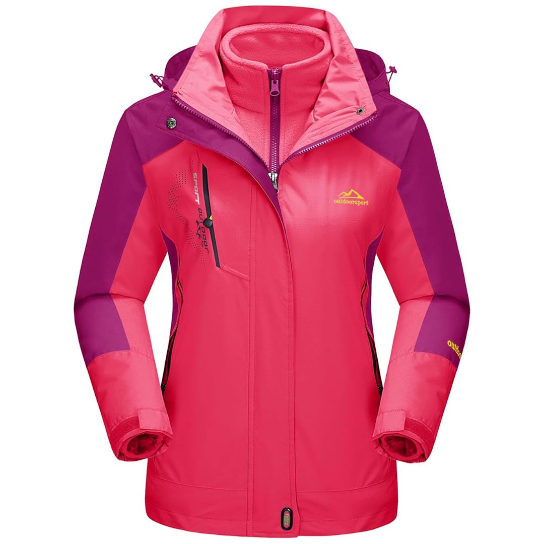 Women's 3-in-1 windproof ski jacket in neutral tone with detachable fleece liner, water-resistant softshell