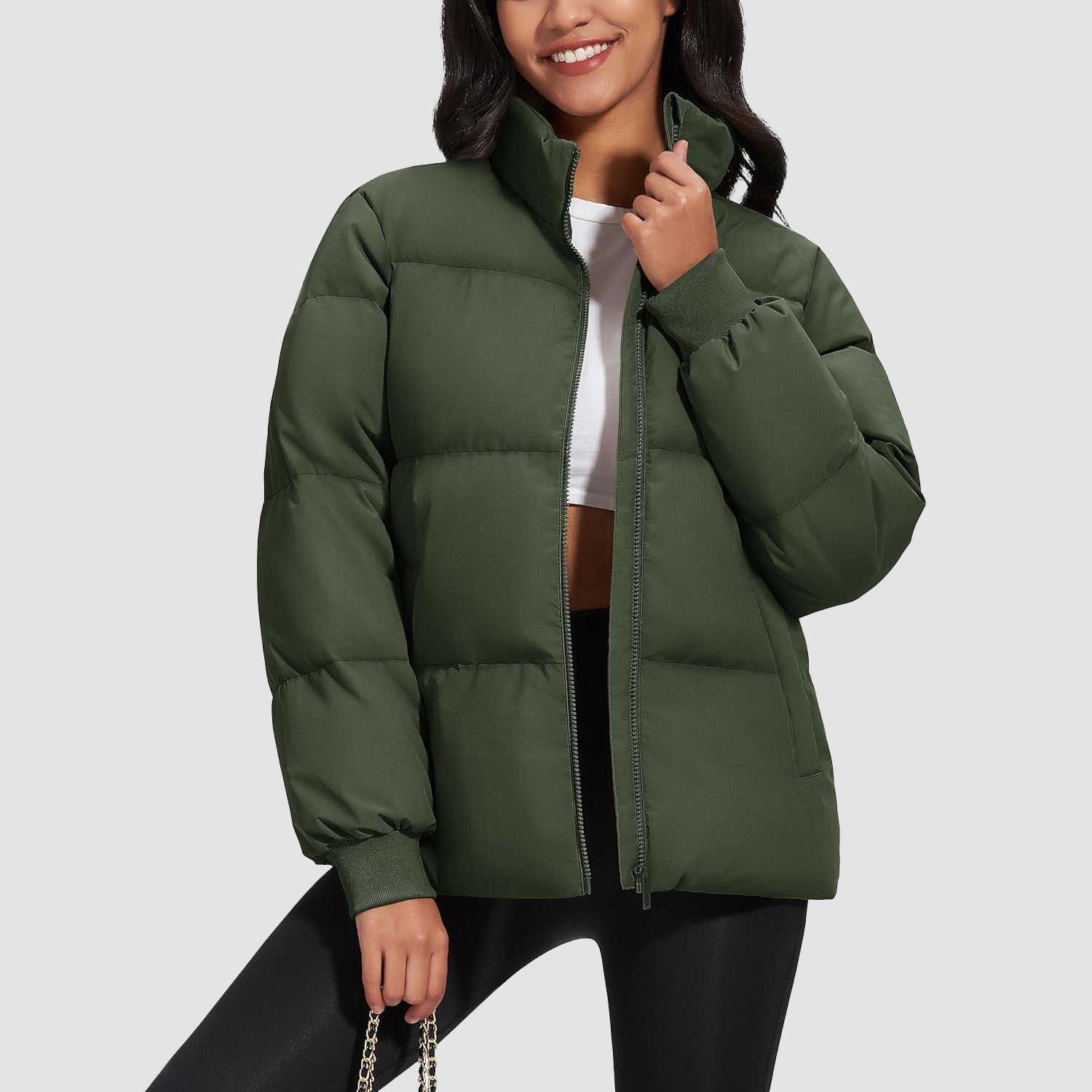 Women's quilted puffer coat water-resistant shell stand collar down jacket casual winter style