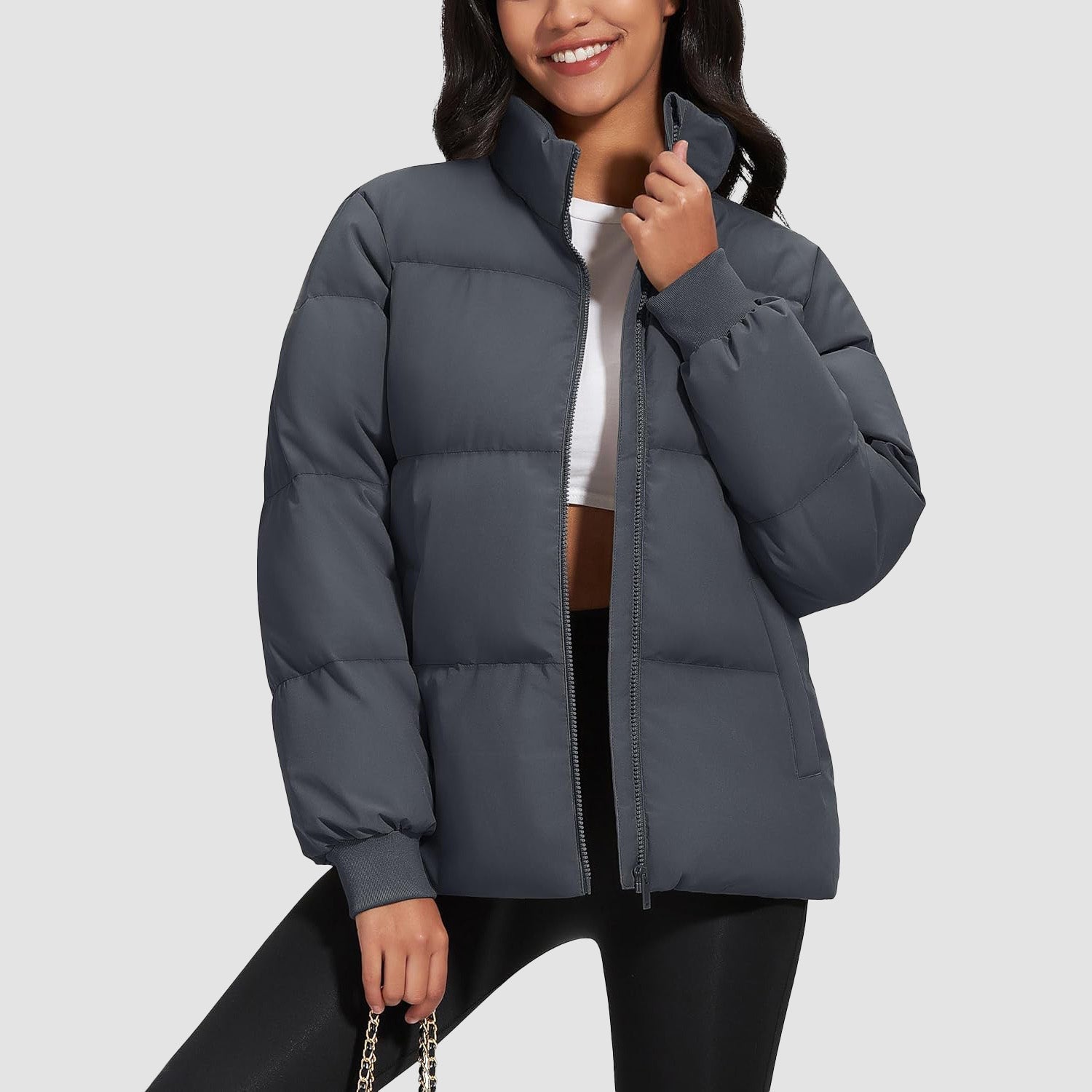 Women's quilted puffer coat water-resistant shell stand collar down jacket casual winter style