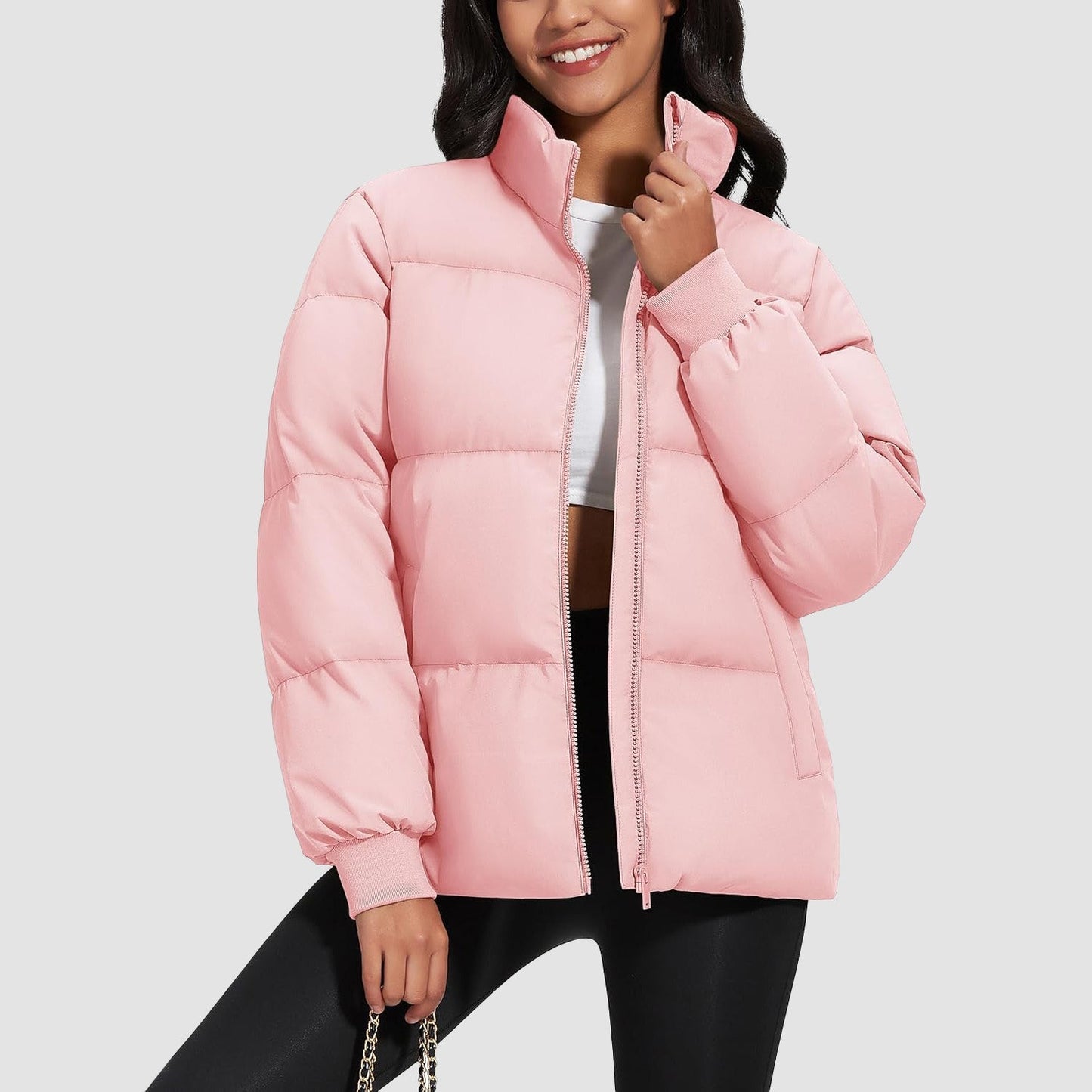 Women's quilted puffer coat water-resistant shell stand collar down jacket casual winter style