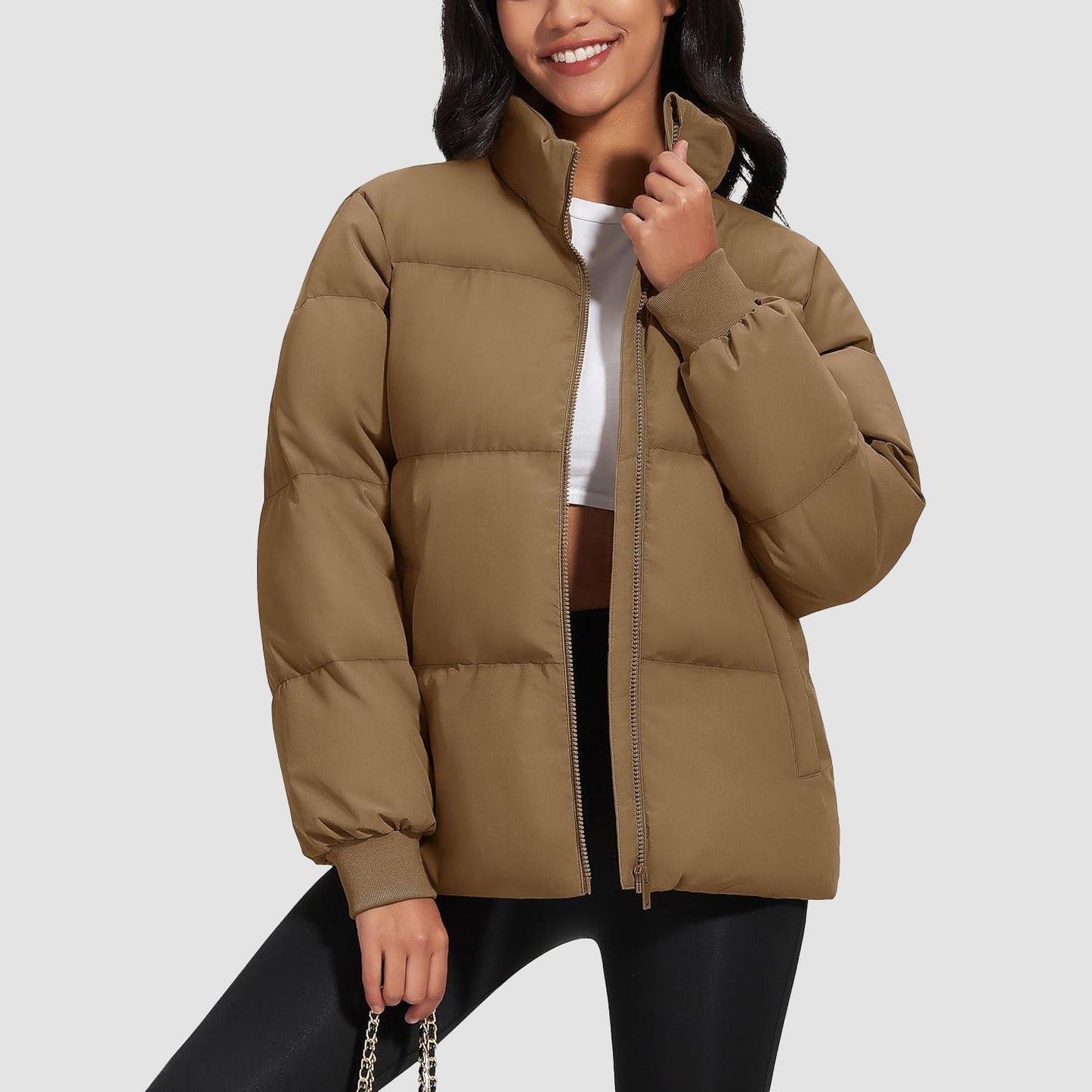 Women's quilted puffer coat water-resistant shell stand collar down jacket casual winter style
