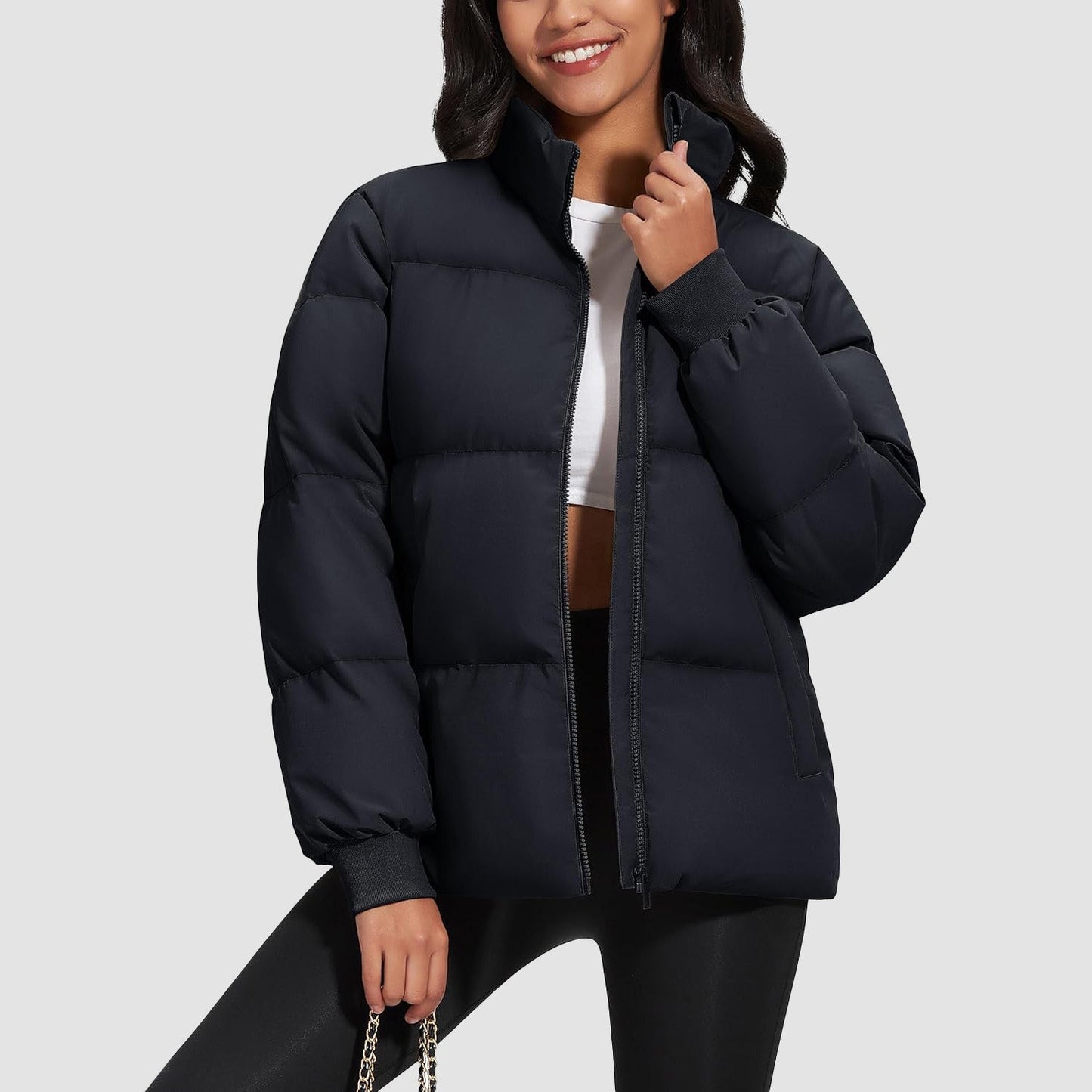 Women's quilted puffer coat water-resistant shell stand collar down jacket casual winter style