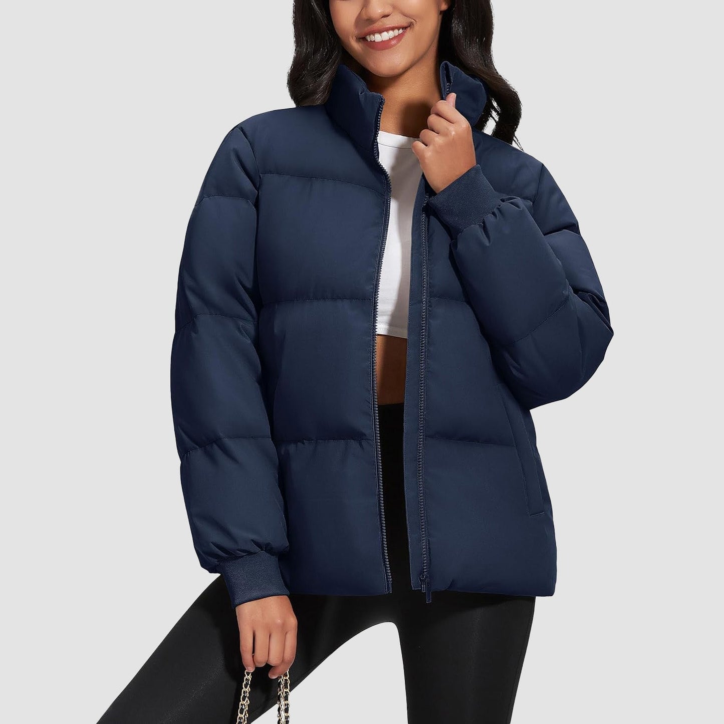 Women's quilted puffer coat water-resistant shell stand collar down jacket casual winter style