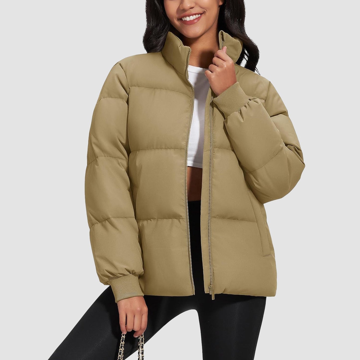 Women's quilted puffer coat water-resistant shell stand collar down jacket casual winter style