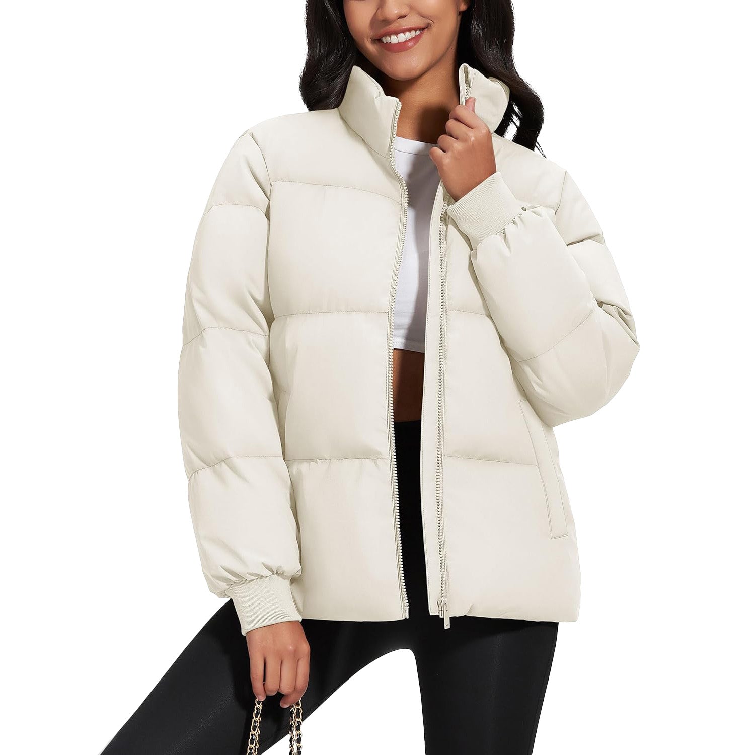 Women's quilted puffer coat water-resistant shell stand collar down jacket casual winter style
