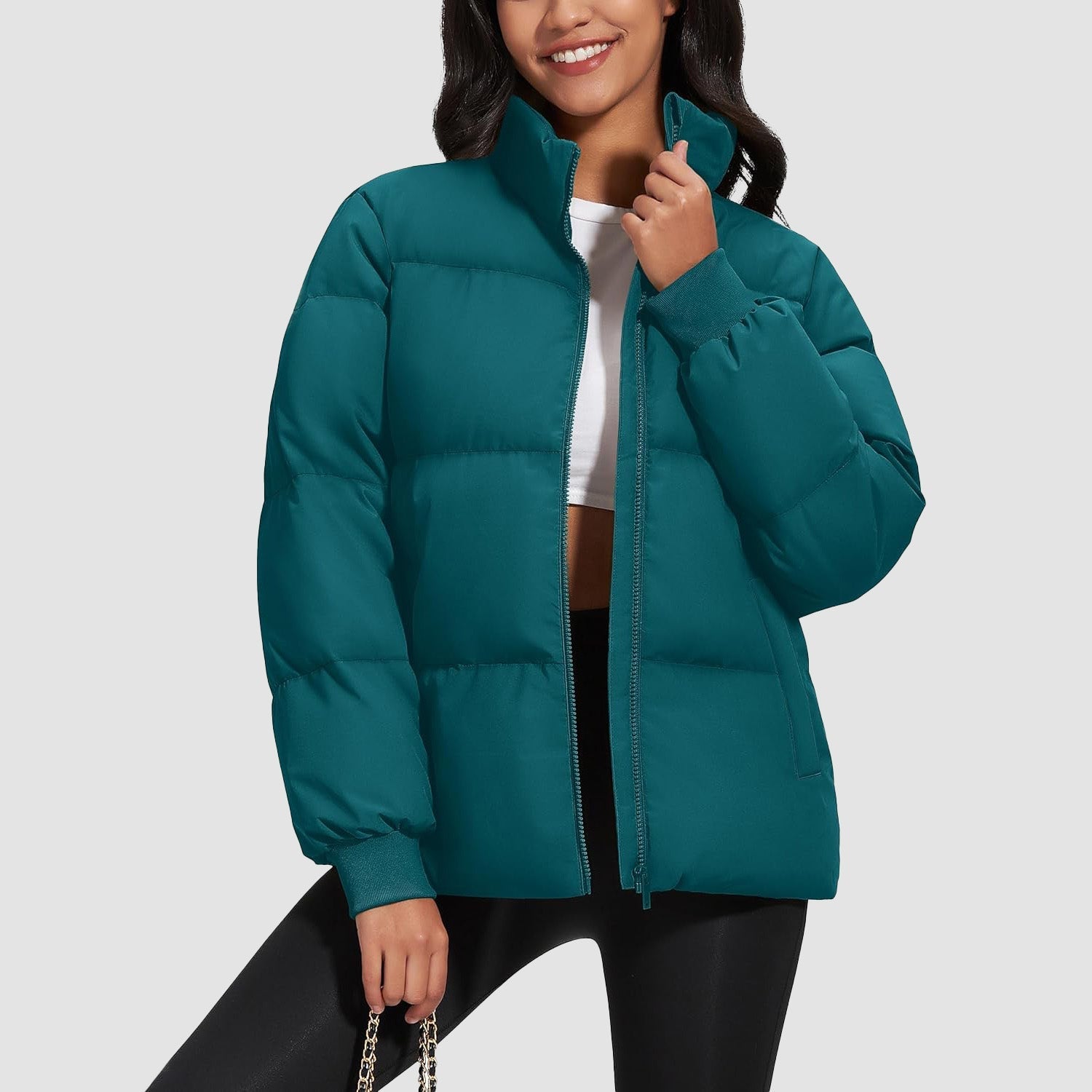Women's quilted puffer coat with water-resistant shell, stand collar, casual winter style