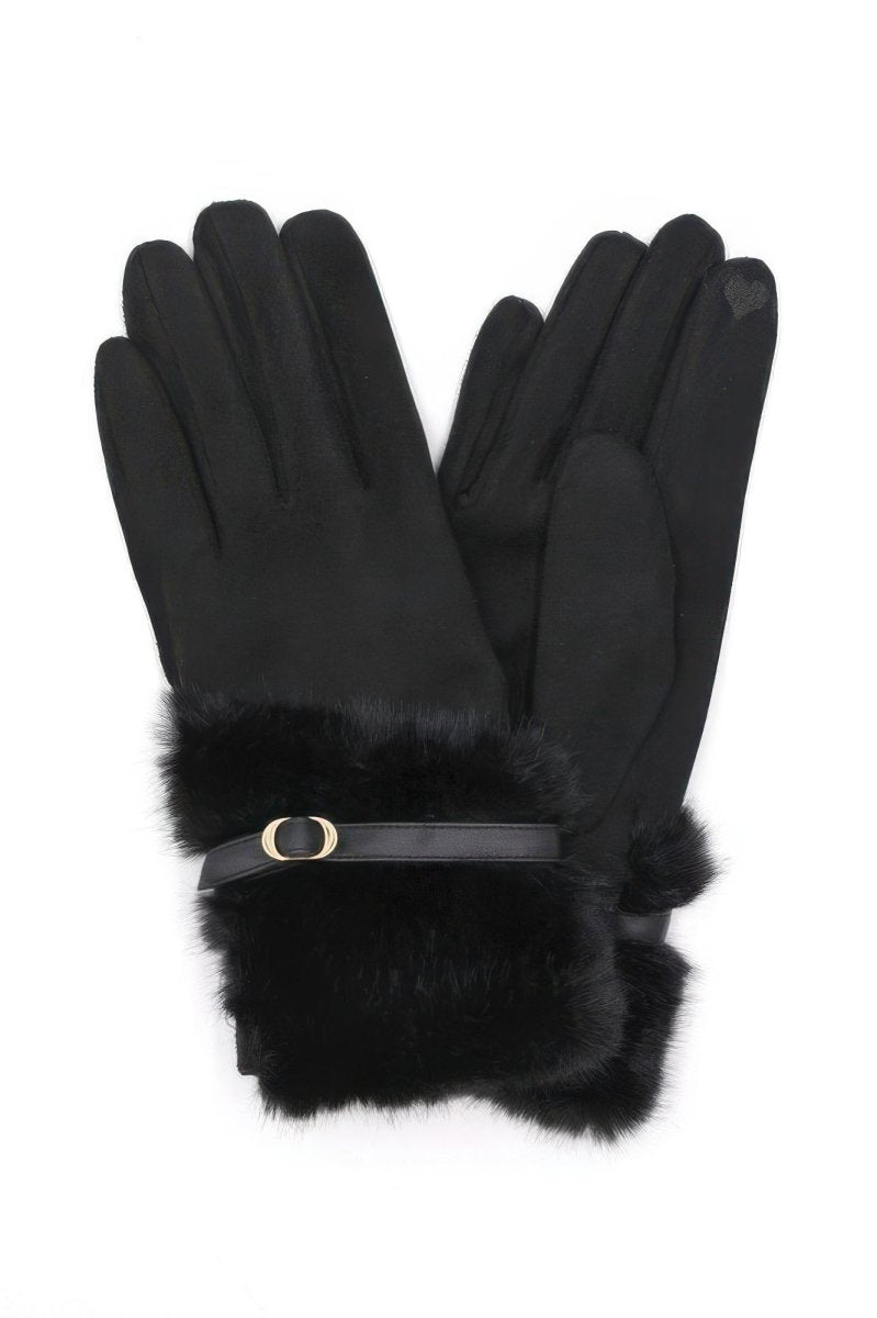 Women's winter faux fur gloves with wrist strap, touchscreen-friendly fingertips, elegant cozy warmth