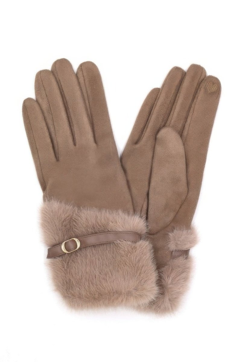 Women's faux fur winter gloves with wrist strap, touchscreen-compatible fingertips, elegant cozy warmth