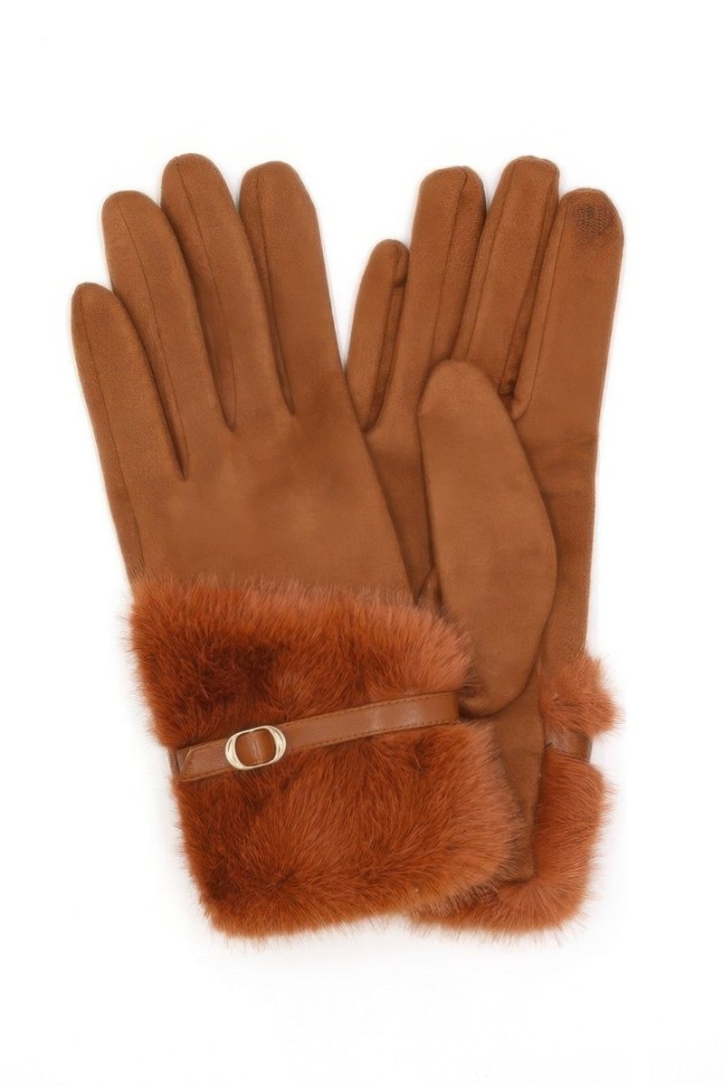 Women's faux fur winter gloves with wrist strap, touchscreen-compatible fingertips, elegant cozy warmth